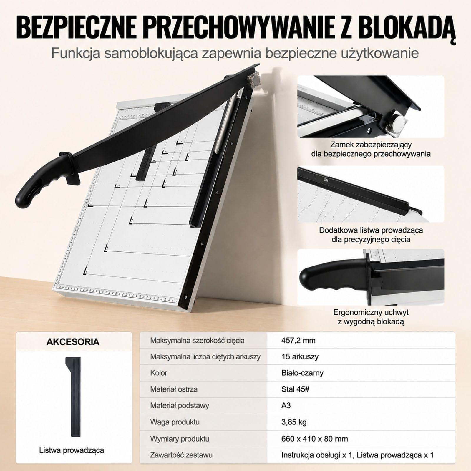 Ręczna gilotyna do papieru z dźwignią, pojemność 20 arkuszy, biało-czarna, szyna ochronna, blokada ostrza, do kartonu