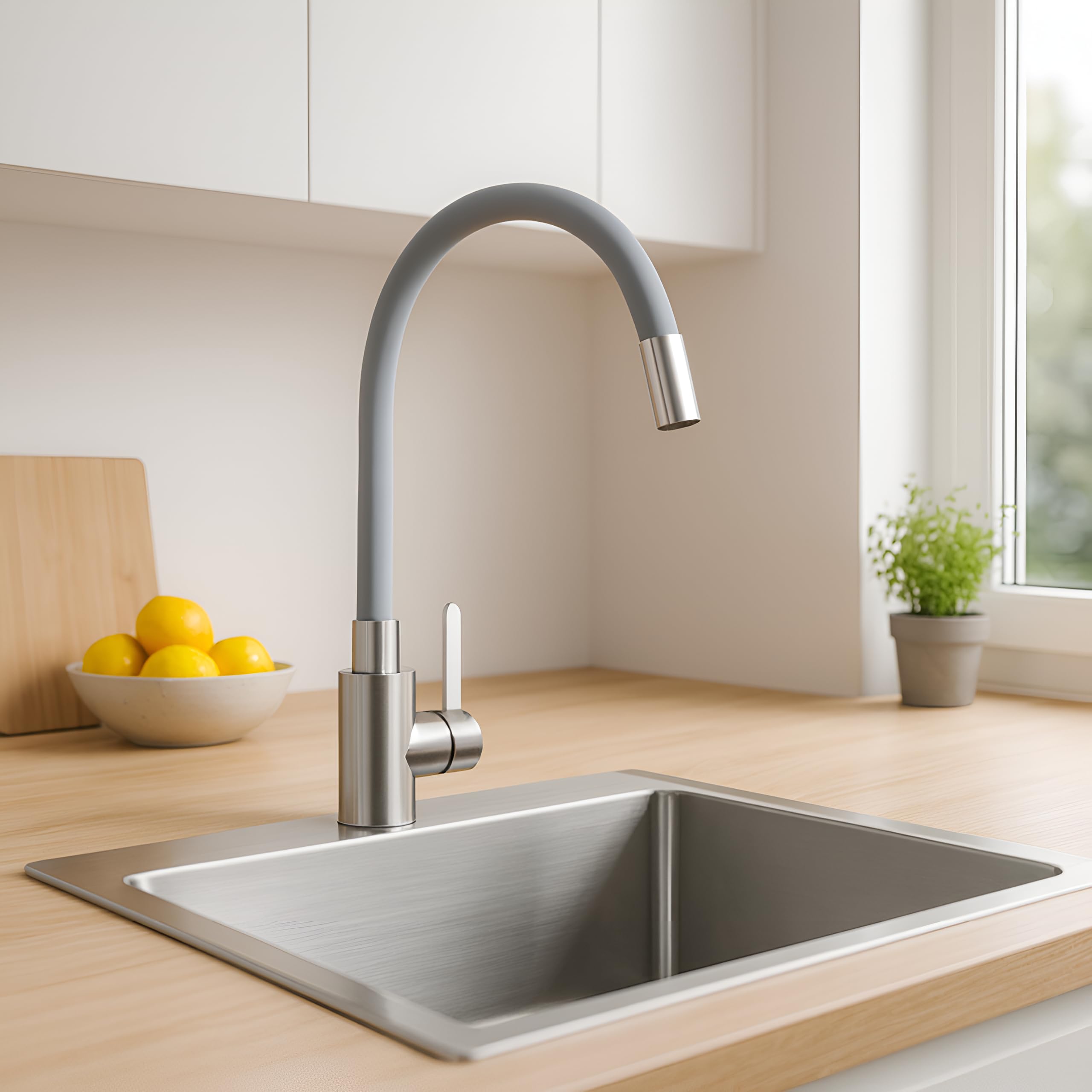 FLEX Küchenarmatur mit flexiblem Auslauf, 360° drehbare Spültischarmatur aus Edelstahl, Einhebelmischer Wasserhahn für Spüle, Grau