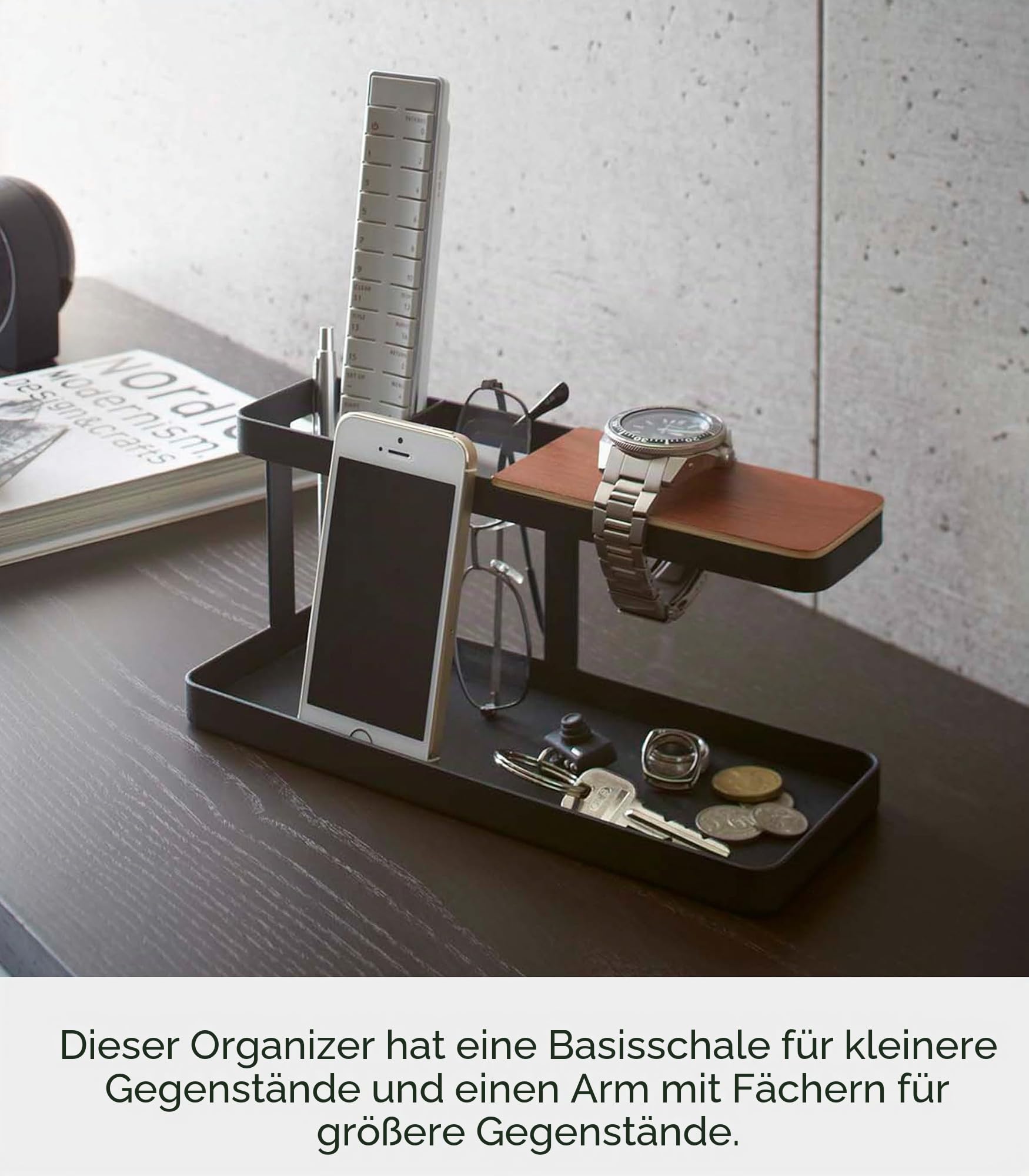 YAMAZAKI 2300 TOWER Schreibtisch-Organizer, schwarz, Stahl/Holz/Synthetischer Kautschuk, minimalistisch, 9,7 x 24,5 x 11,3 cm (L x B x H)