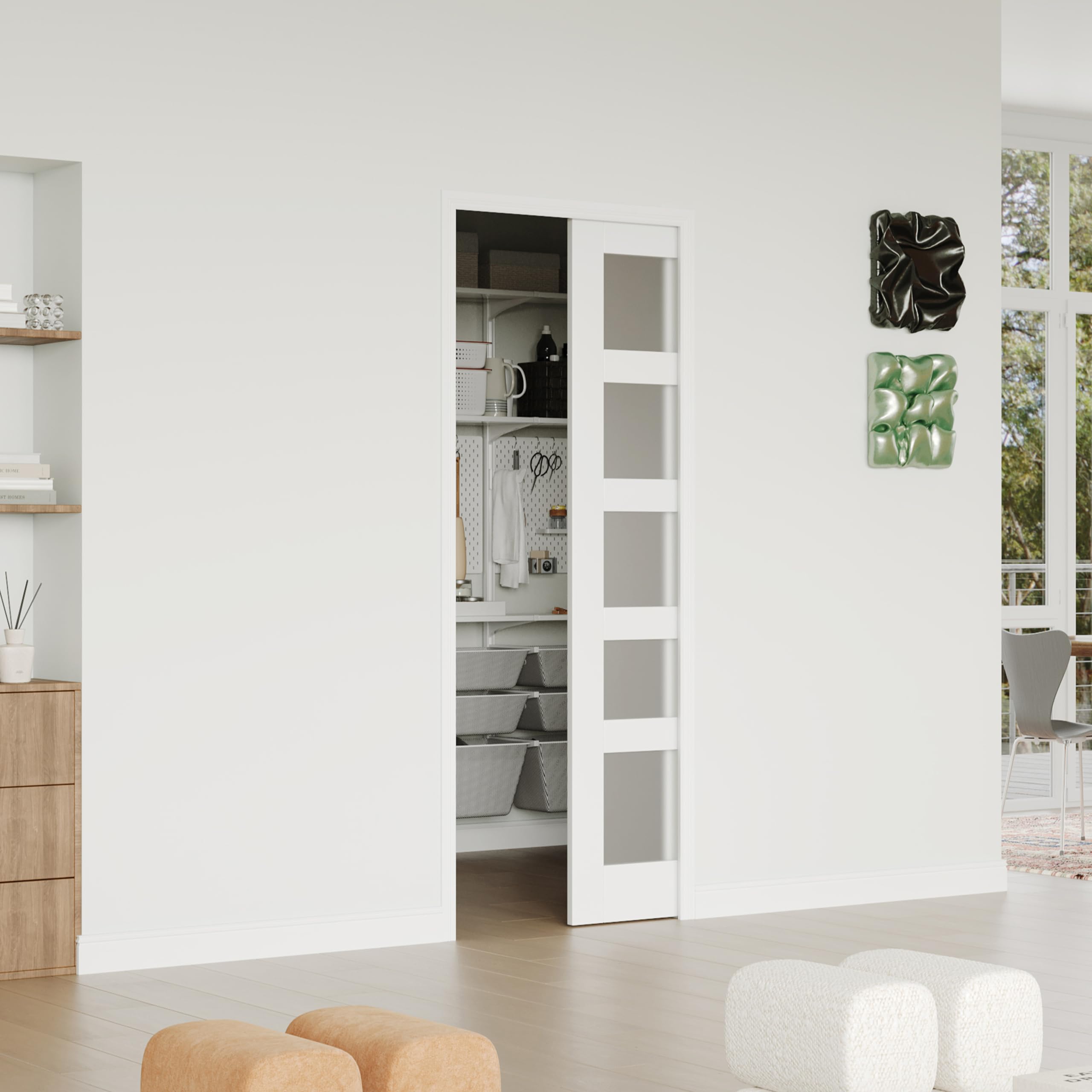 Lakenyon Sliding Pocket Door, 24 in. x 80 in, 5-Panel Frosted Glass with Frame and Hardware Kit Set, Solid Wood & MDF White-Primed Interior Door Slab