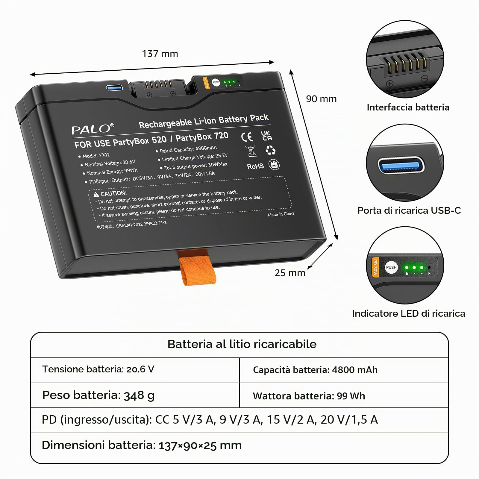 4800mAh Batteria 600 per -JBL Partybox Stage 520, Partybox Stage 720, Boombox 4 - PD 30W Batteria a carica rapida con uscita/ingresso USB (1Pcs)