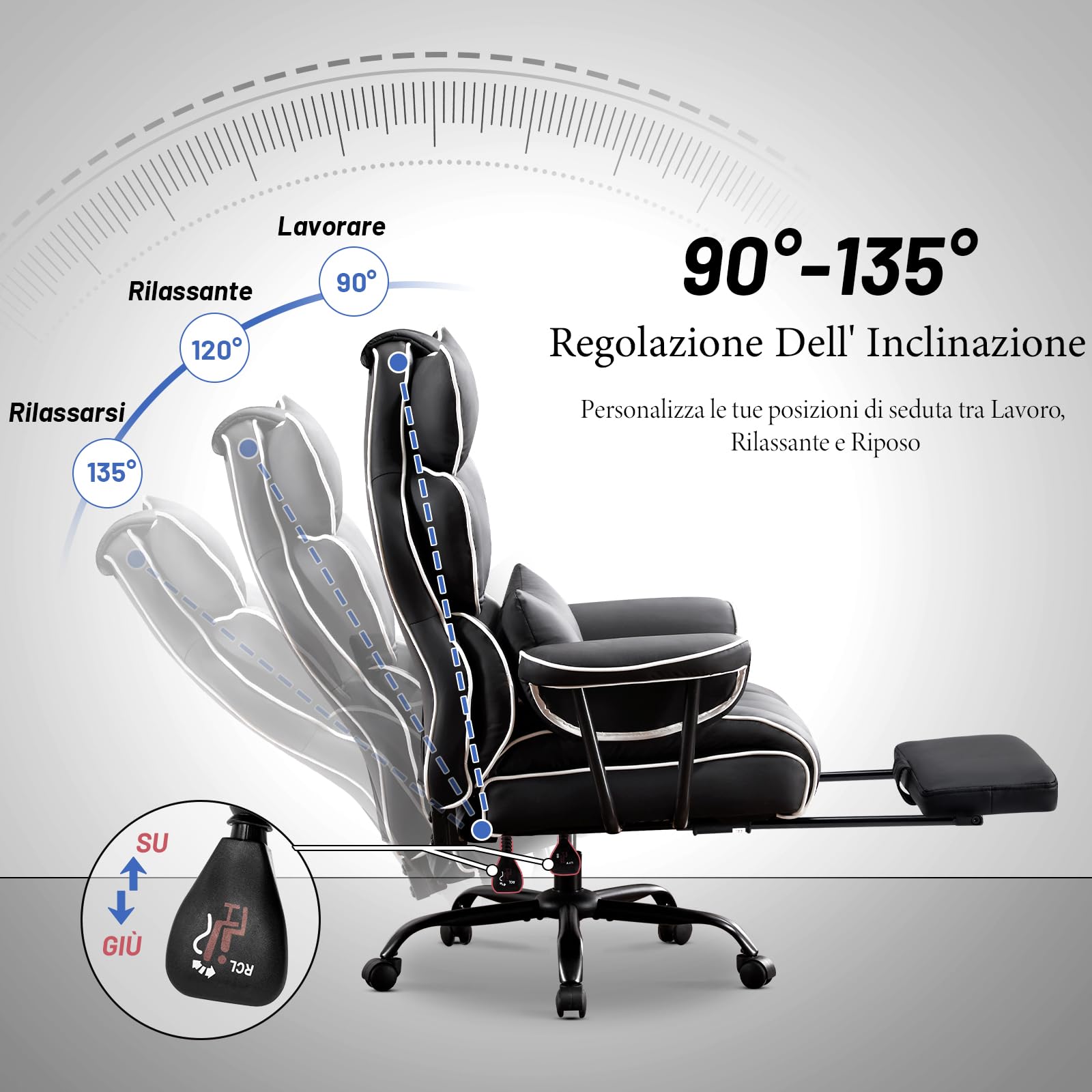 Sedia Ufficio Ergonomica, Poltrona Direzionale in Pelle PU, Sedia Gaming con Poggiapiedi e Supporto Lombare, Sedia da Ufficio Reclinabile Girevoli Altezza Regolabile 200kg (Nero)