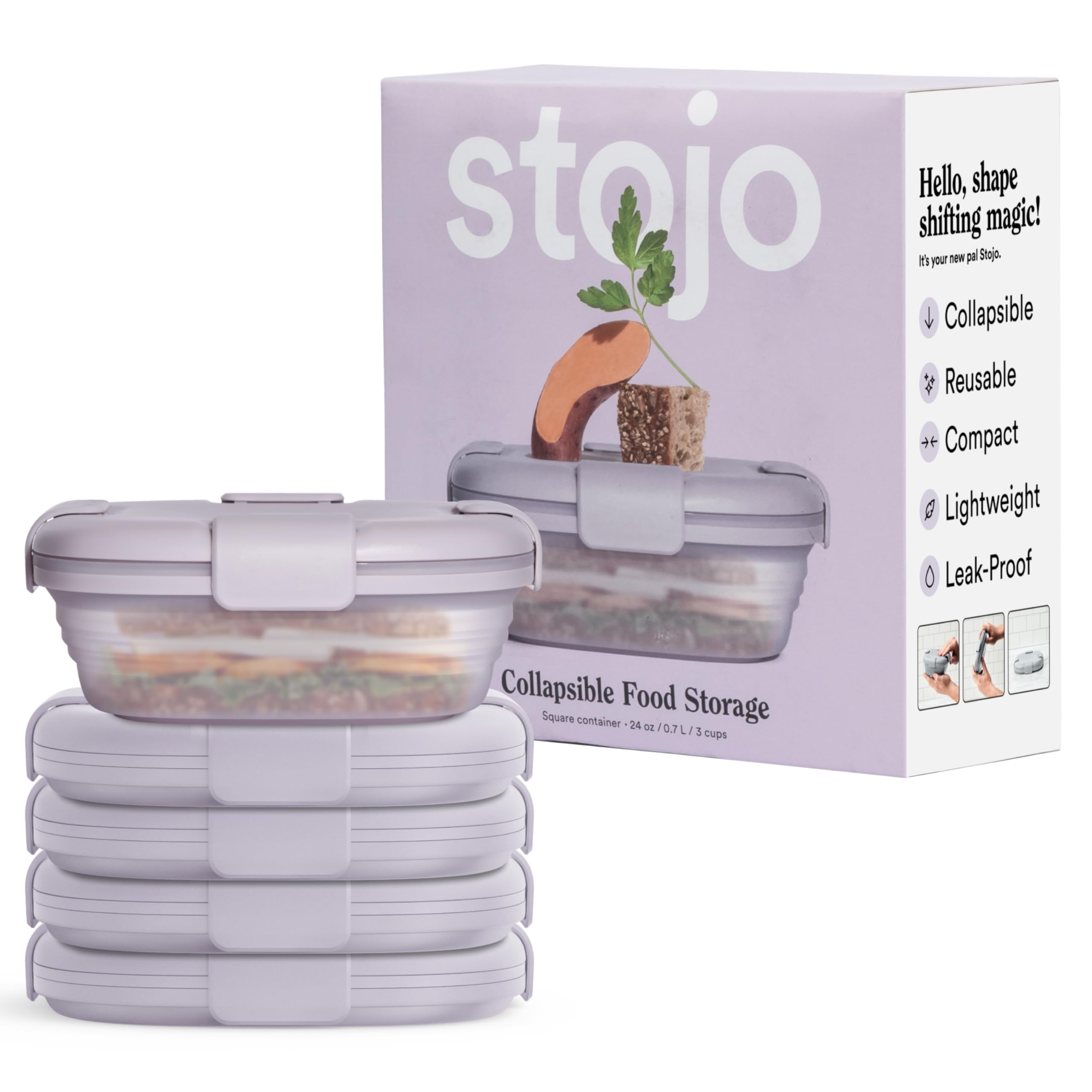STOJO Collapsible Sandwich Box – 24oz, Reusable Food Storage Container, Silicone Bowl for Hot/Cold Food – Meal Prep, Lunch, Camping, Hiking – Dishwasher Safe (Set of 5, Translucent Lilac)