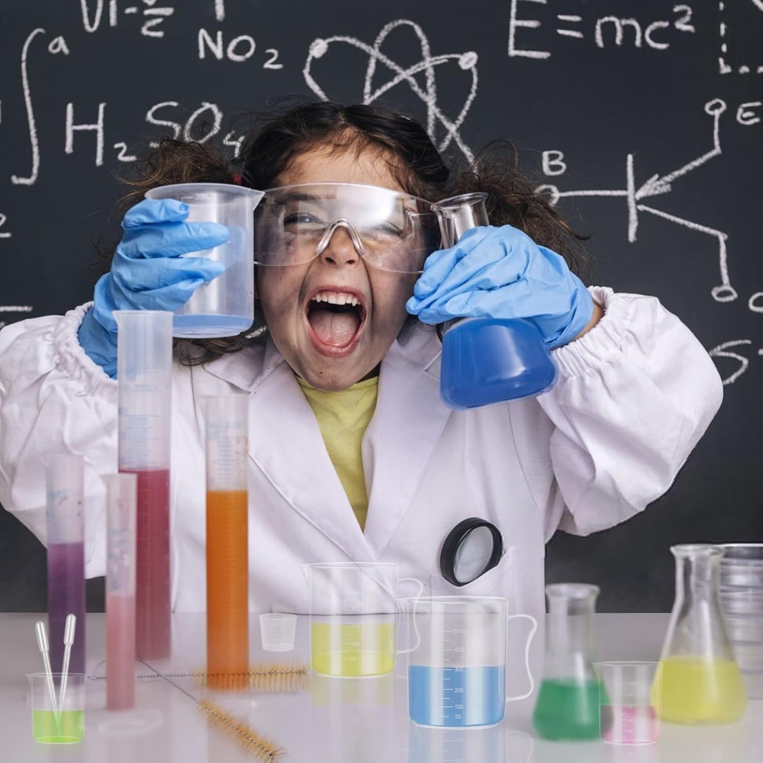 Probeta de Laboratorio para Ciencias, Juego de Cilindros graduados de plástico de 10 a 100 ml con 4 pipetas, 1 Embudo y 2 cepillos, Paquete de 11(Color 16)