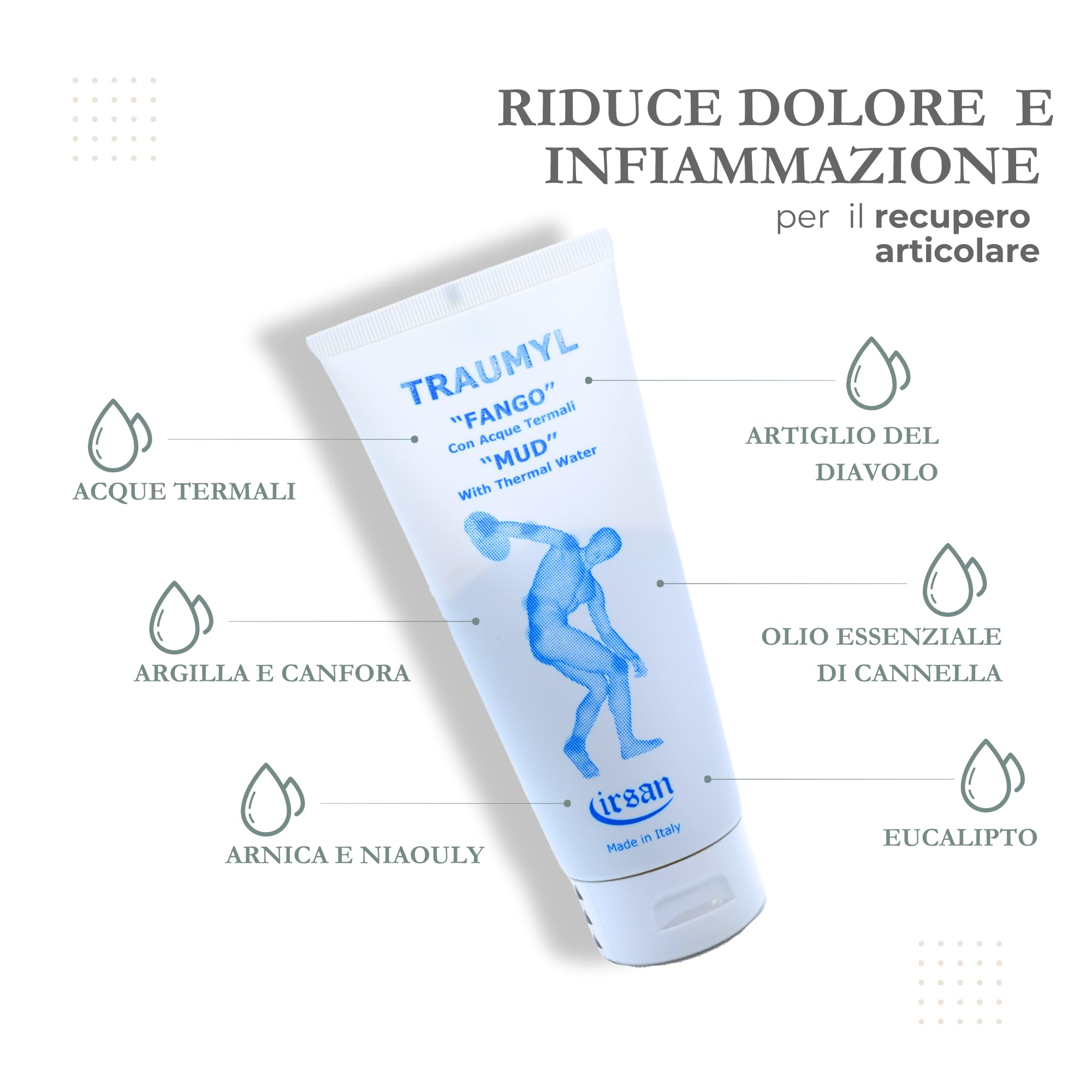 Irsan Traumyl Fango Antinfiammatorio con Acque Termali, Argilla, Arnica, Artiglio Del Diavolo, Canfora, Oli Essenziali. 200 gr.
