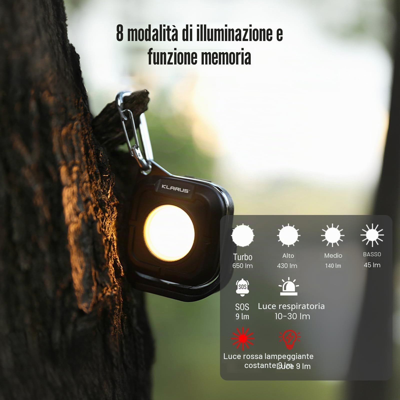 Klarus CL5 luce da campeggio,luce di lavoro ricaricabile 1200mah, lanterna da campeggio 650LM con 8 modalità luci, base magnetica, funzione gancio,IPX5 per il campeggio, all'aperto, emergenza nero