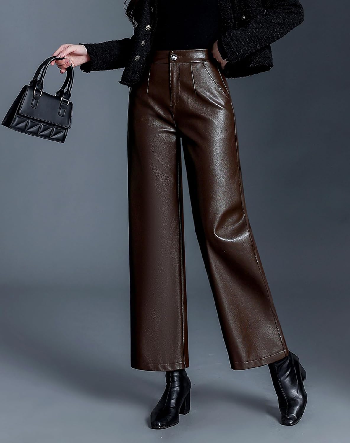 HaoMay Women's Faux Leather Pants Straight Wide Leg PU Trousers with Pockets - Image 2