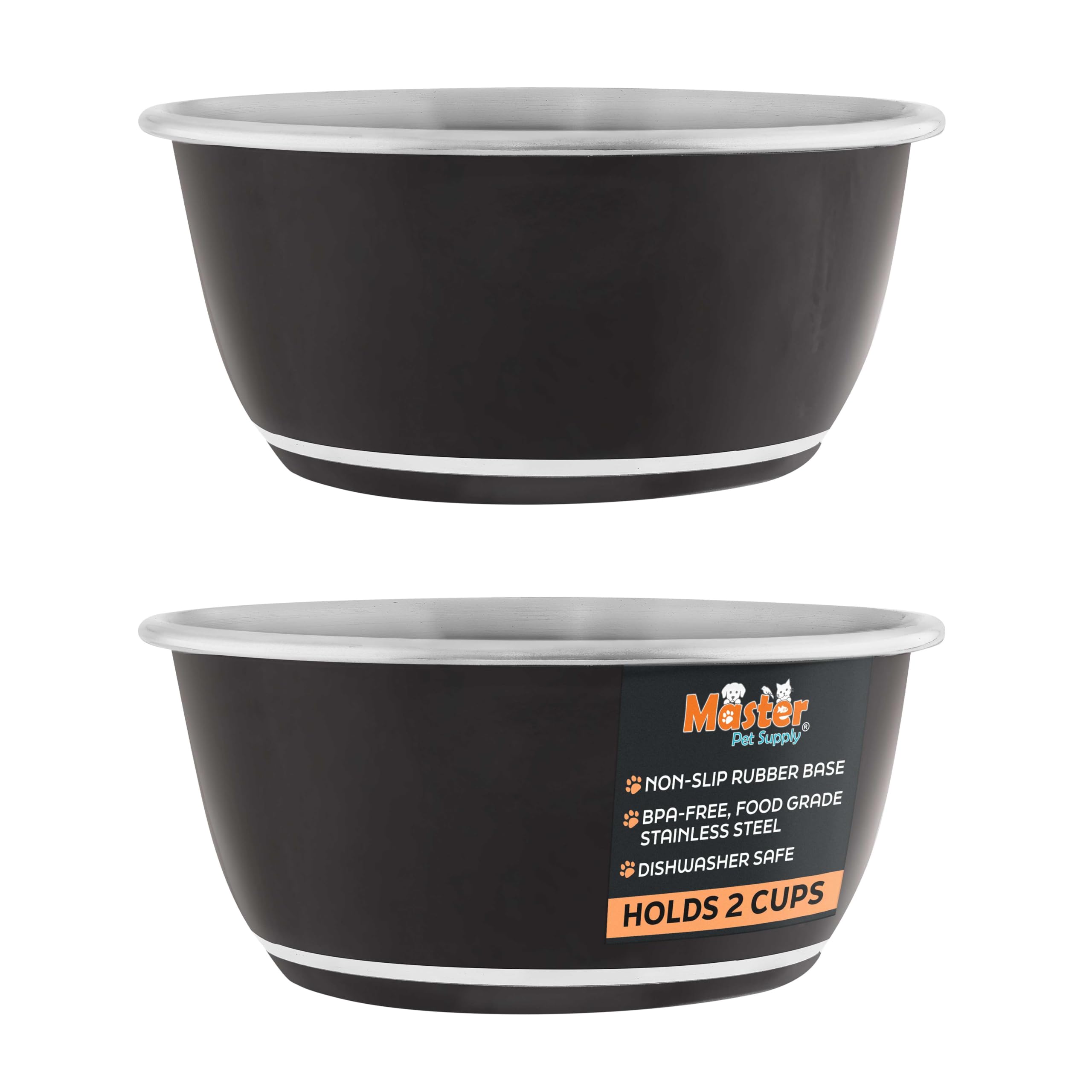Master Pet Supply Stainless Steel Dog Bowls Set of 2 (16 Oz Each) with Non-Slip Rubber Base - Black Velvet - Basic Dog Food Bowl Water & Food Bowls for Small Medium Large Dogs & Cats, Metal Dish