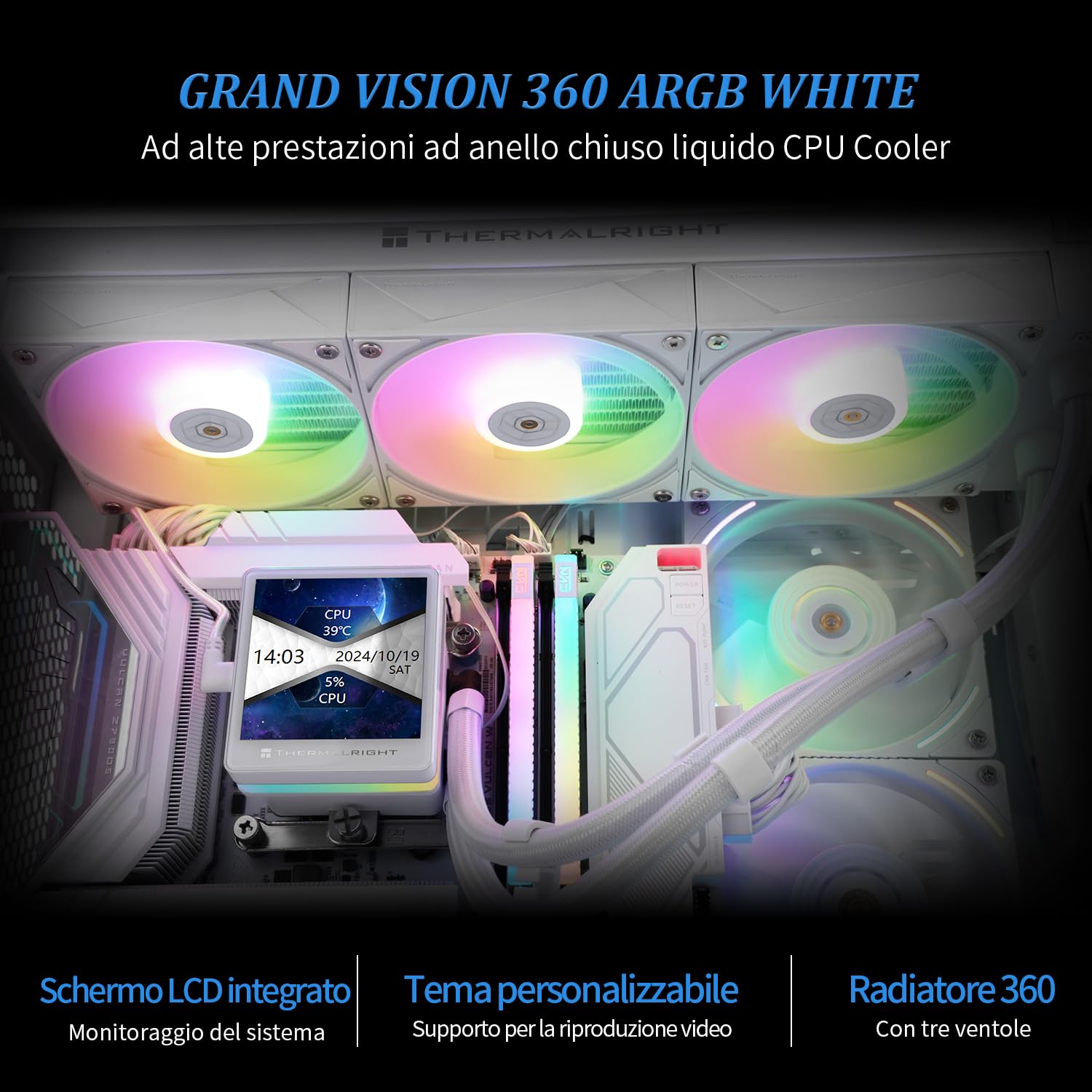 TR Grand Vision 360 ARGB CPU AIO Cooler, sistema di raffreddamento ad acqua PC 360, display LCD IPS 480x480 3,4 pollici, per AM4/AM5 e Intel LGA1700/1851, pompa alta