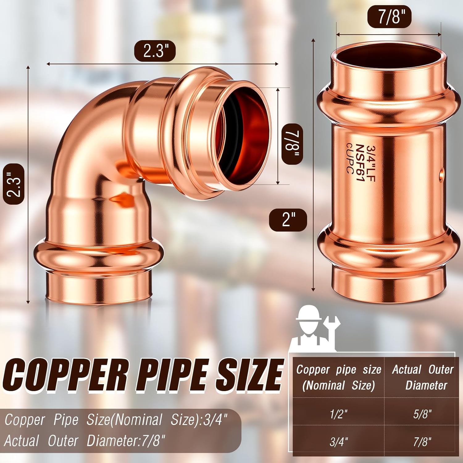 Therwen 10 Pcs 3/4 Inch Copper Pipe Press Fittings, 90 Degree Elbow Coupling Zero Lead, Elbow Press Adapter Fittings Coupling for Plumbing