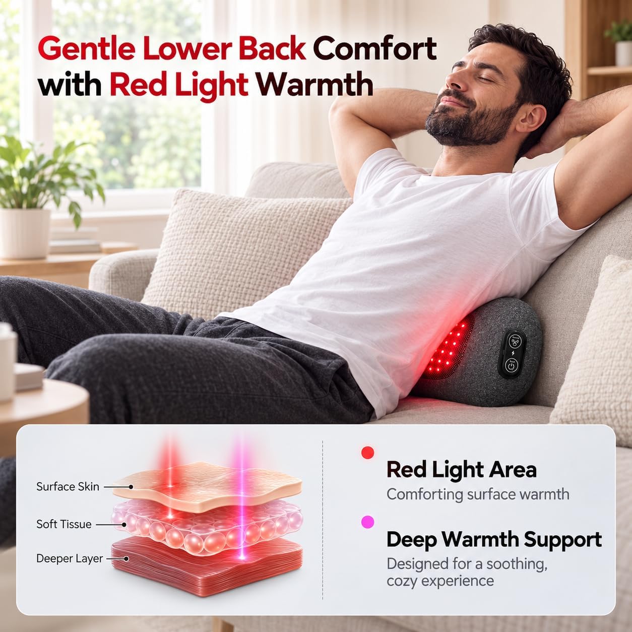 Lumbar Support Pillow, Lumbar Massager Lower Back Massager with Red Light
