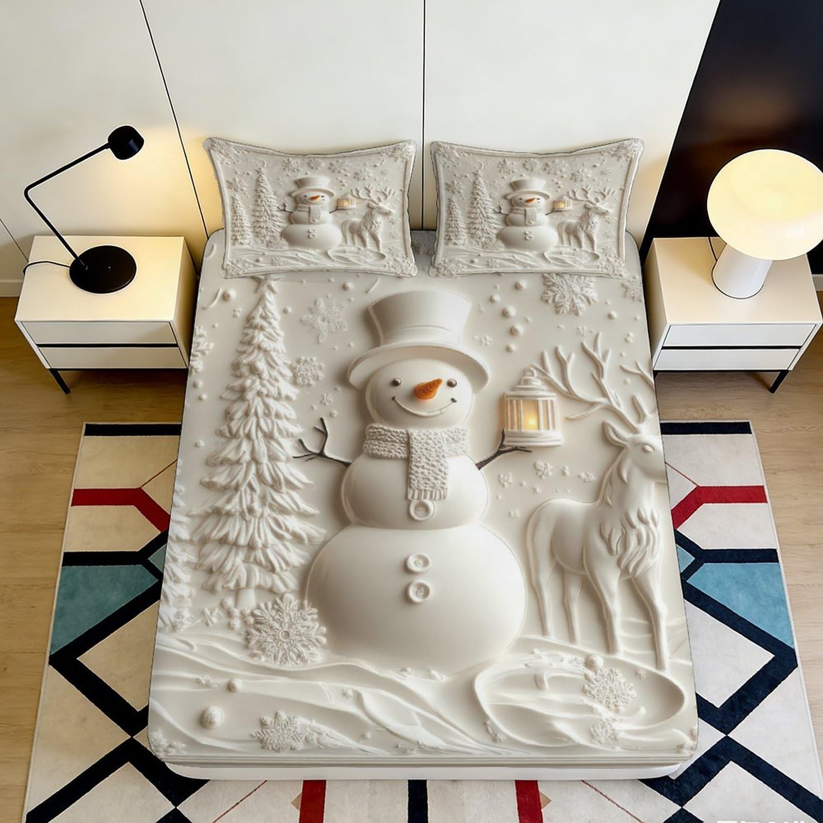 Jqzkxnhpbr Style-6 3D Printed Snowman Winter Fitted Sheet Microfiber Soft Anti-Slip Reindeer Mattress Cover Bedroom Home Decor 90X200x25cm