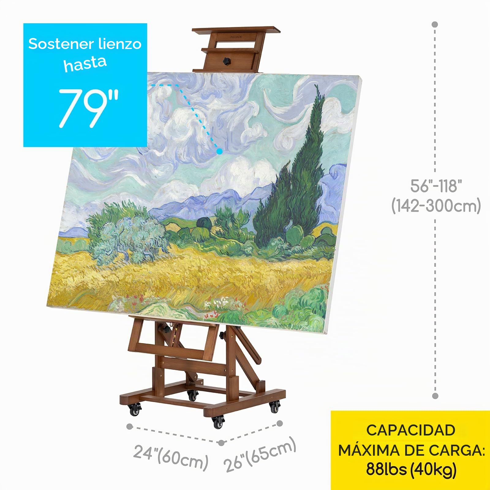 MEEDEN Caballete de pintura artística extragrande: caballete de artista de madera de haya maciza, caballete profesional de estudio resistente para adultos, soporte de piso con marco en H móvil para