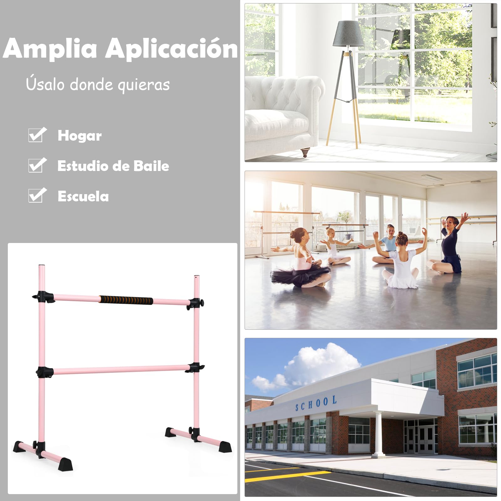 GYMAX Barra de Ballet Independiente Móvil Altura Regulable Barra de Estiramiento Desmontable Barra de Ballet de Hierro Carga hasta 100 kg