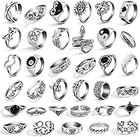 17IF 35PCS Vintage Silver Knuckle Rings Set for Women Men - Gothic Punk Snake Skull Frog Stackable Adjustable Chunky Rings