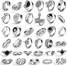 17IF 26-35 Pcs Vintage Silver Knuckle Rings Set for Women Men, Grunge Gothic Rings Chunky Aesthetic Snake Stackable Adjustable Punk Bulky Finger Alt Fairy Skull Frog Heart Star Flower Midi Ring Pack