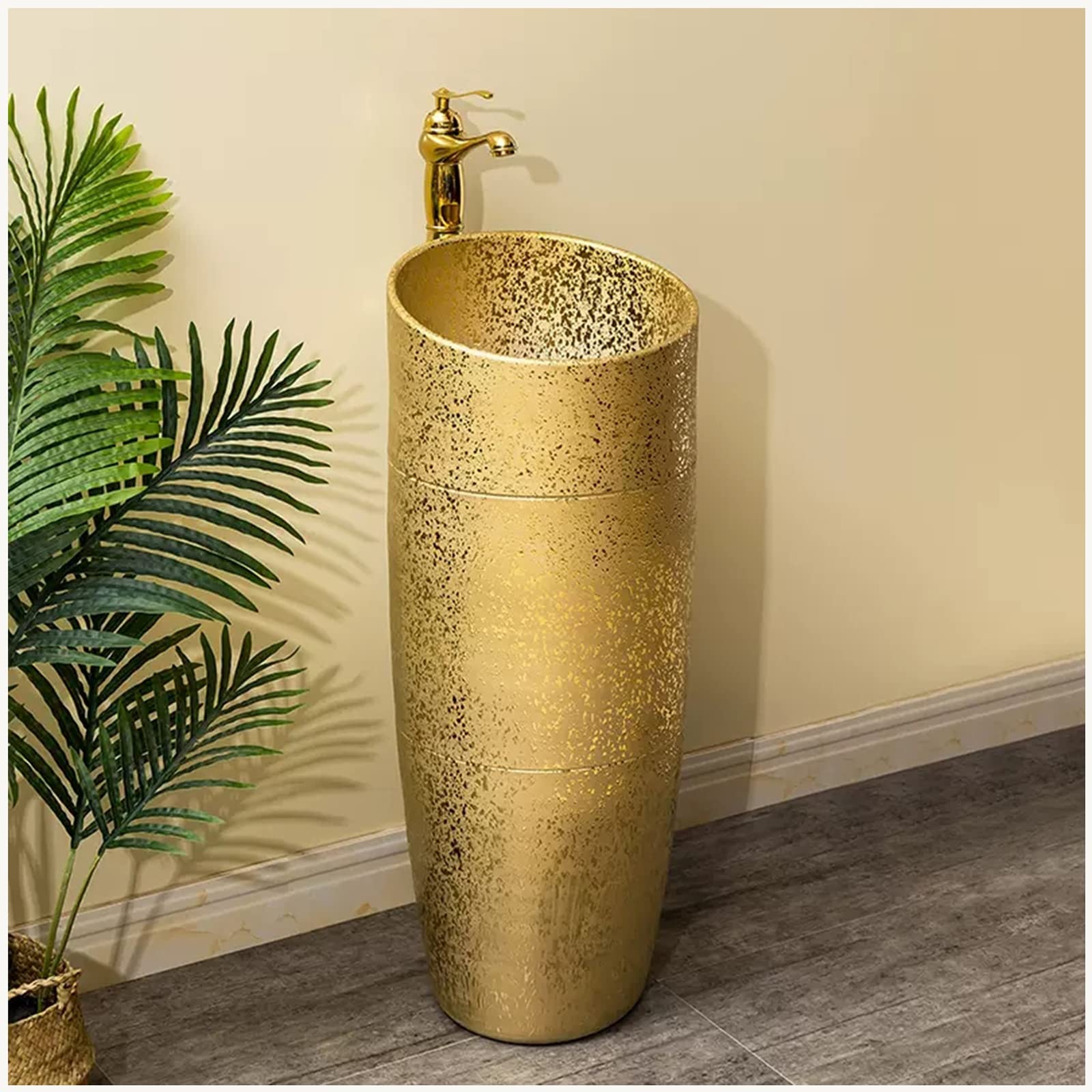 TIANQIHAO Pedestal Vessel Sink Small Ceramic Column Washbasin Vintage Art Washbasin Pedestal Lavatory Sink Gold Round Freestanding Bathroom Sink With Faucet And Drain