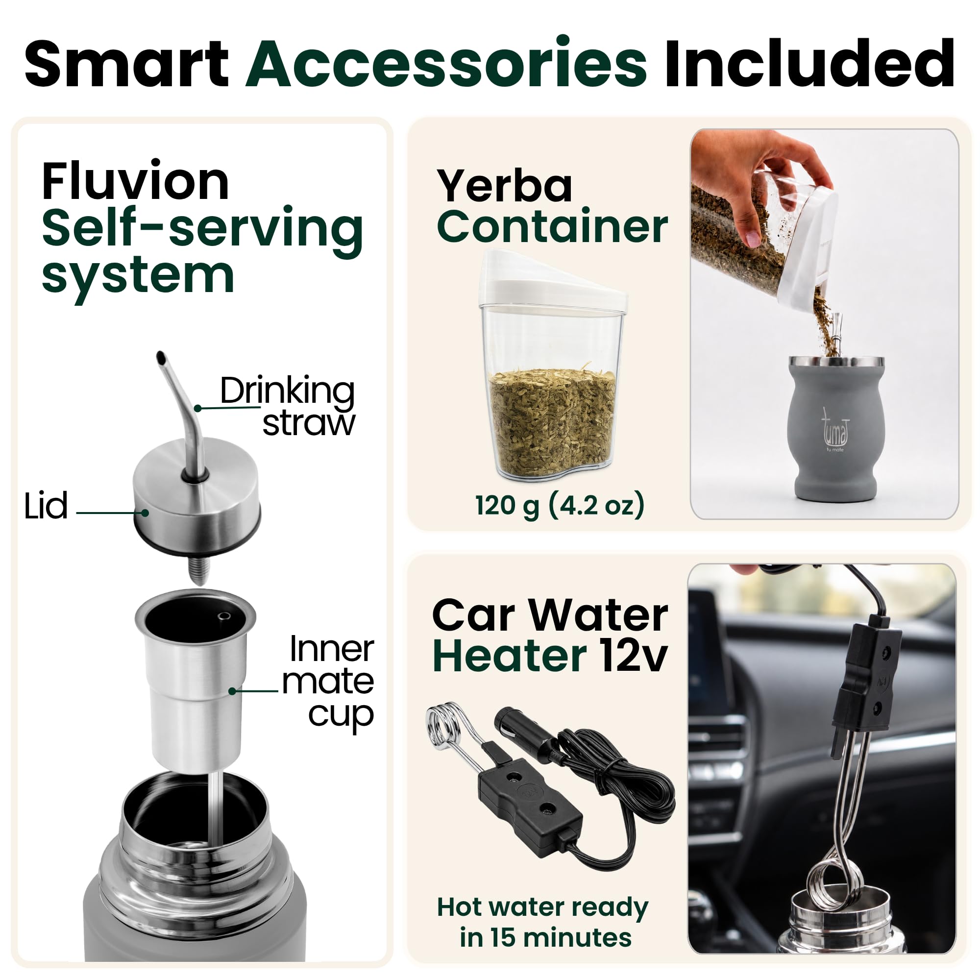 TUMA TU MATE Kit complet Yerba Mate, bouteille isotherme AutoMate à double bouchon, tasse et bombilla, 750 ml double paroi en acier inoxydable, sac en toile, récipient Yerbero et chauffage de voiture
