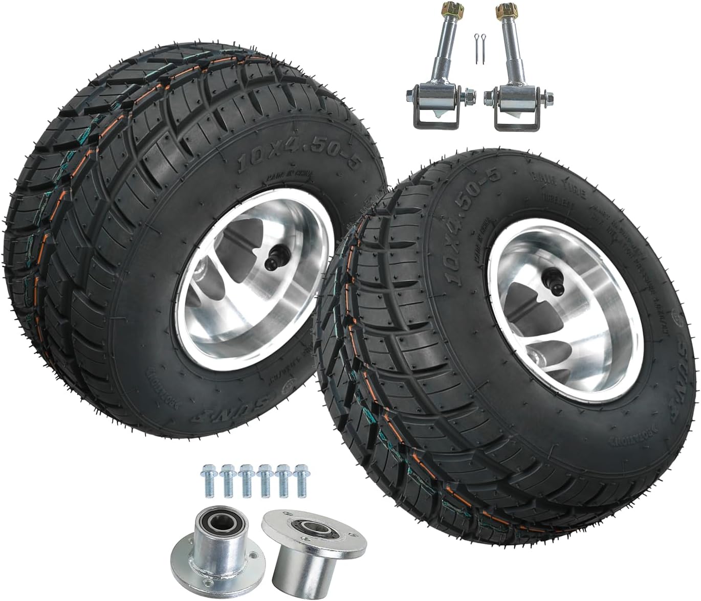 10x4.50-5 Front Go Kart Wheels with 3 holes Rims, 2 Pcs Rain Tires 10x4.50x5, 5'' Mini Bike Tire & Wheel Hub & Steering Spindles for Go Cart, Drift Trikes, Mini Bike, ATV