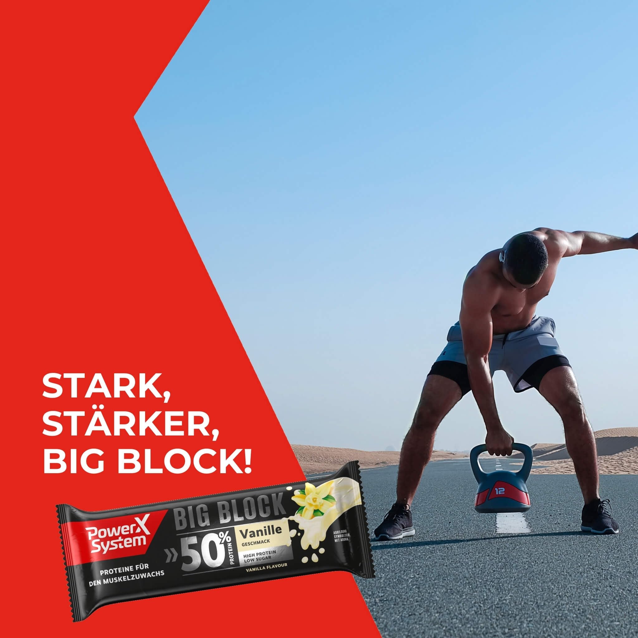 Power System Big Block Vanille, 50 g Protein pro Eiweißriegel, 16 x 100g | Proteinriegel mit 50 % Eiweiß und wenig Zucker, für den Muskelaufbau, Maxi-Portion
