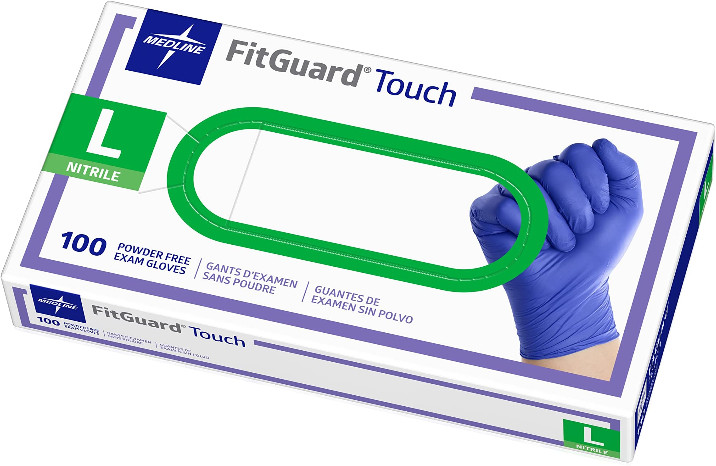 FITGUARD Medline Touch Nitrile, Latex Free, Powder Free, Exam Gloves, Blue, Large (100 Count)