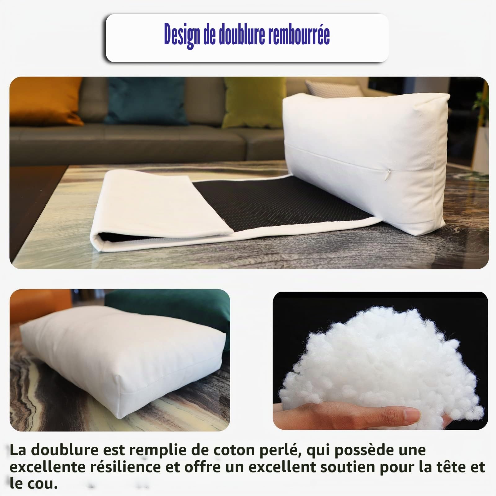 Coussin de tête inclinable en velours avec base antidérapante – Support de cou réglable pour soulager la douleur à la maison, au bureau et en voyage (blanc naturel)