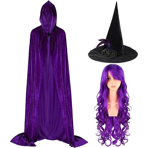Enhon 3 Pcs Halloween Witch Costume Set for Women Velvet Hooded Cloak, Black Witches Hat, Long Curly Wavy Wig Kit