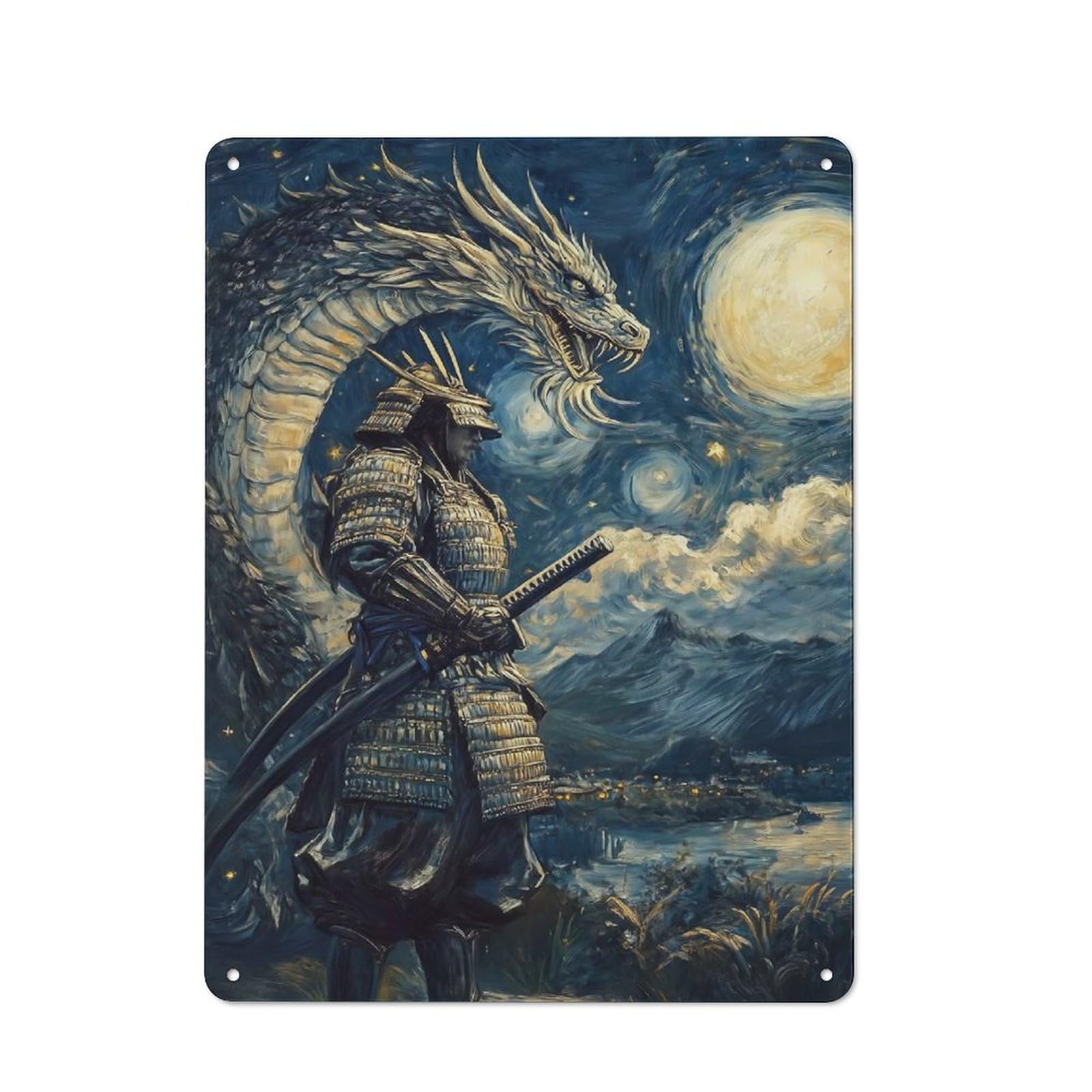 Samurai And Dragon Rustic Metal Sign 40x30cm, Barn Style Farmhouse Wall Decor for Kitchen, Cottage, Porch Or Garden Room