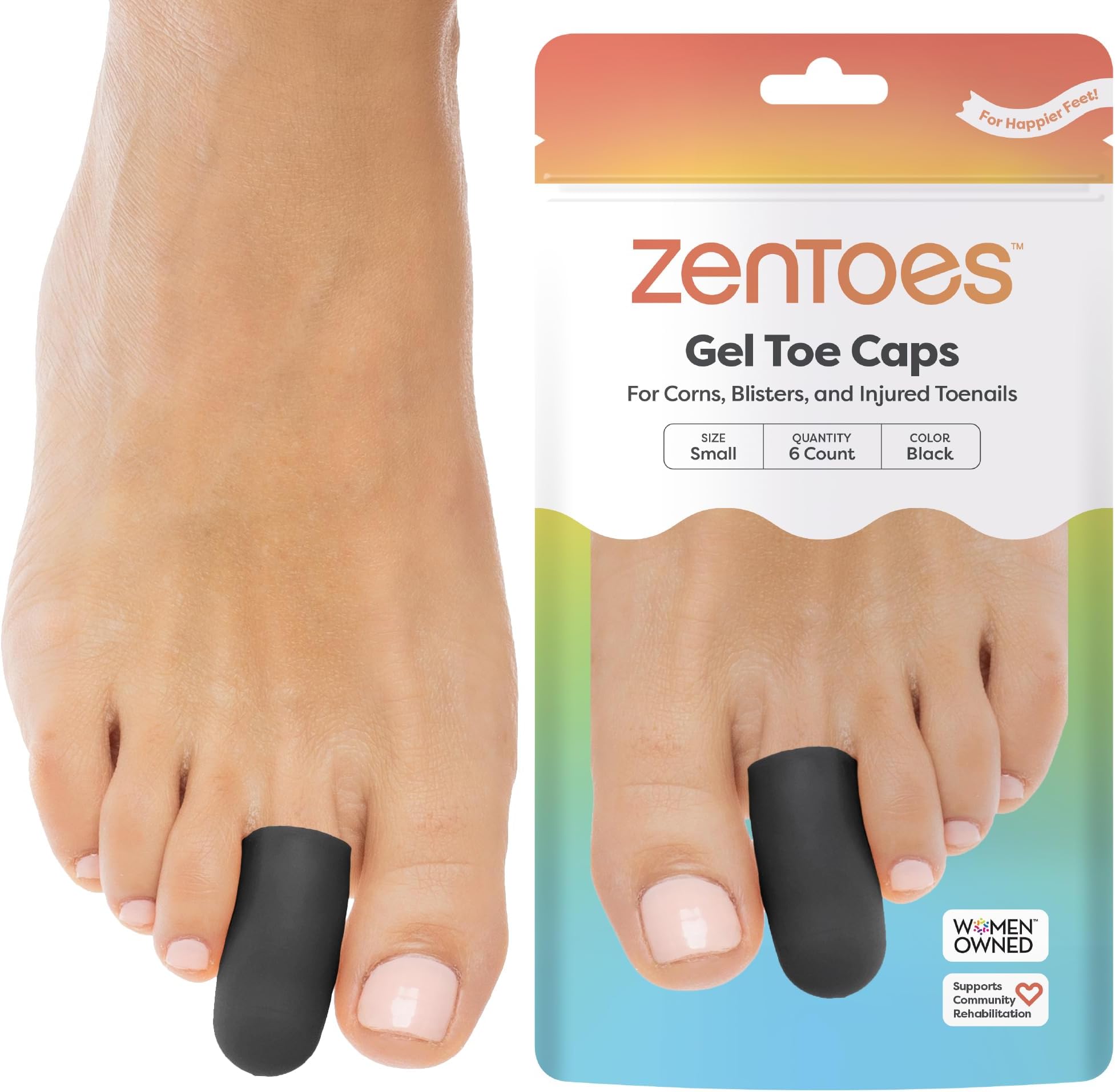 Gel Toe Caps – Silicone Toe Protectors for Cushioning & Nail Coverage – Relief from Missing or Ingrown Toenails, Corns, Blisters or Hammer Toes, Reusable Daily Wear, 6 Pack (Small, Black)
