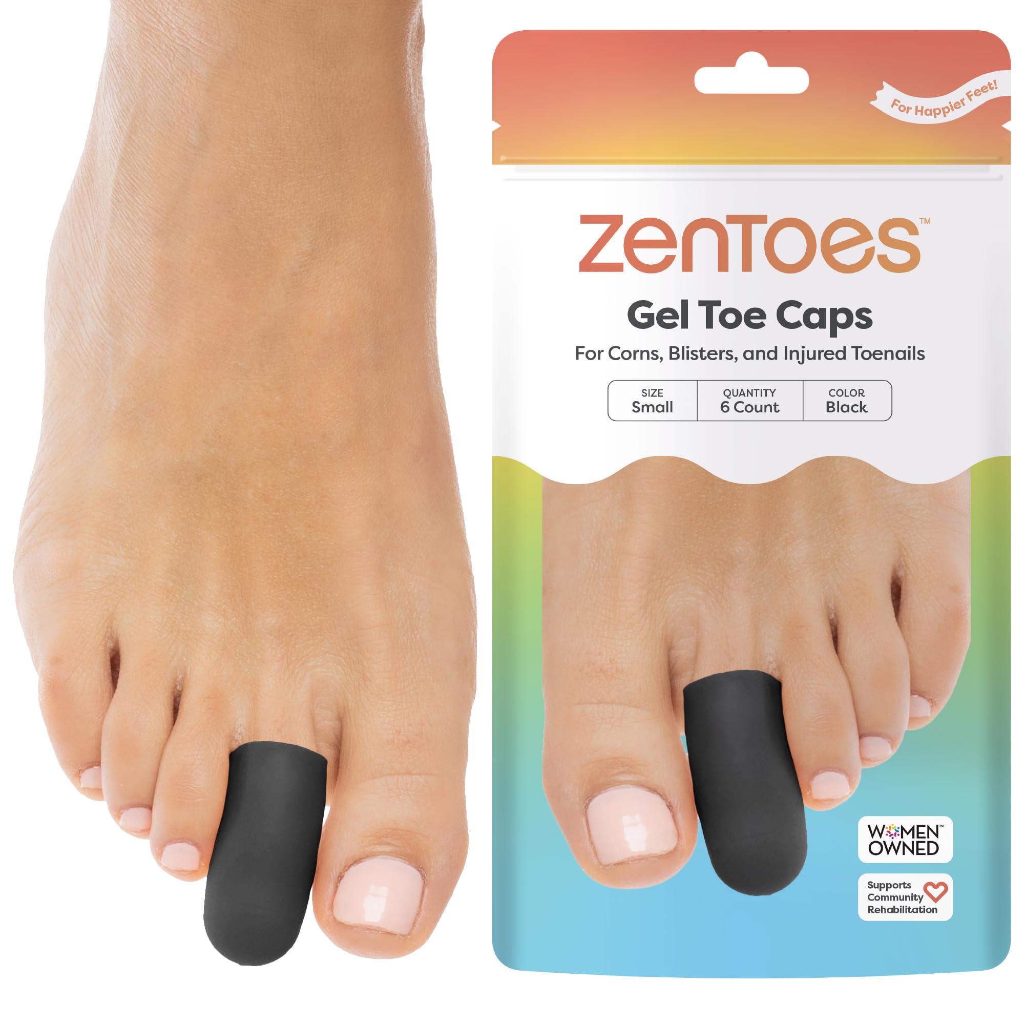 ZenToes 6 Pack Gel Toe Cap and Protector - Cushions and Protects to Provide Relief from Missing or Ingrown Toenails, Corns, Blisters, Hammer Toes (Small, Black)