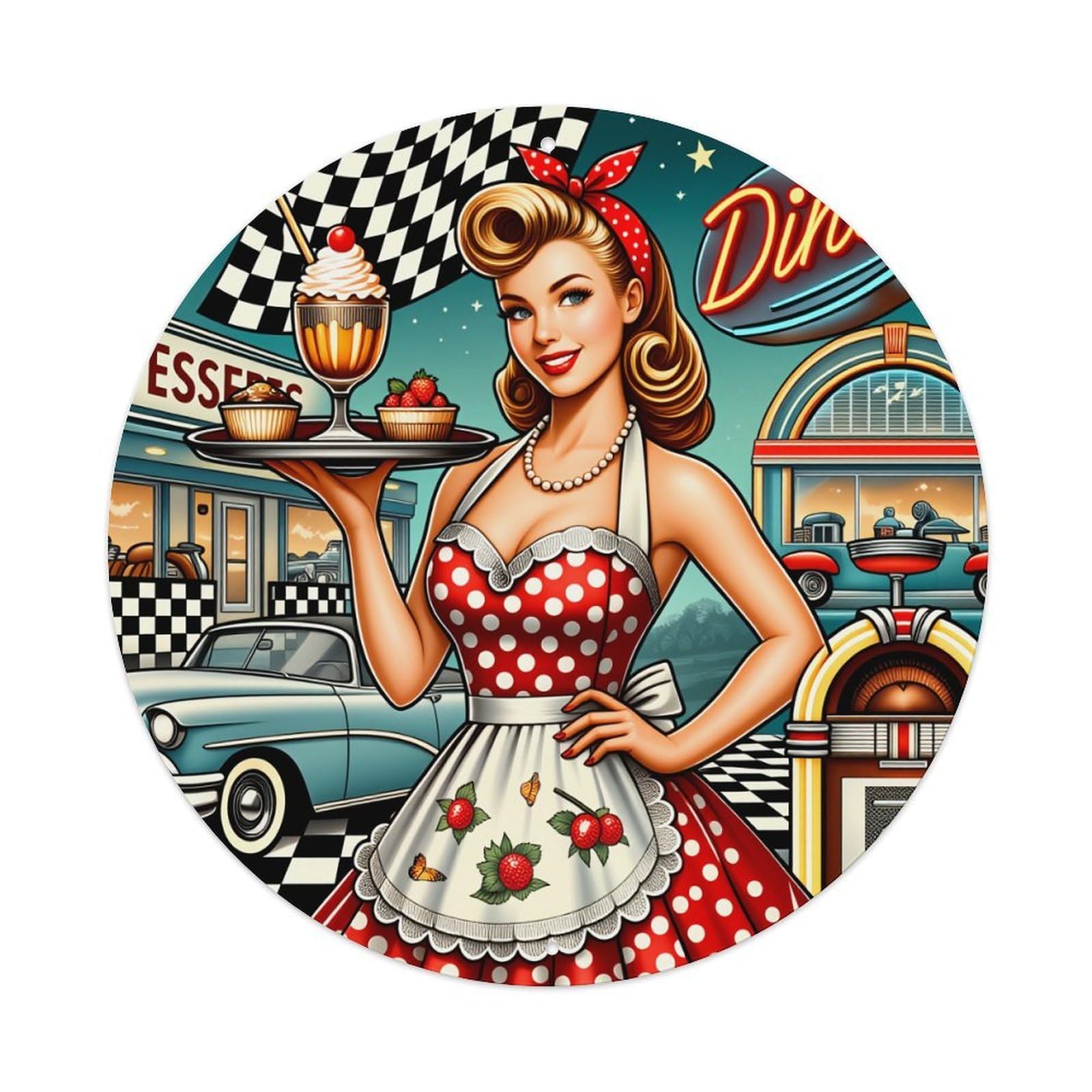 Retro Diner Waitress With Dessert Tray And Classic Car Background Round Vintage Tin Sign,Retro Wall Art,Metal Poster for Home, Bar, Garage, Cafe, Rustic Indoor & Outdoor Decor, 8x8 Inches
