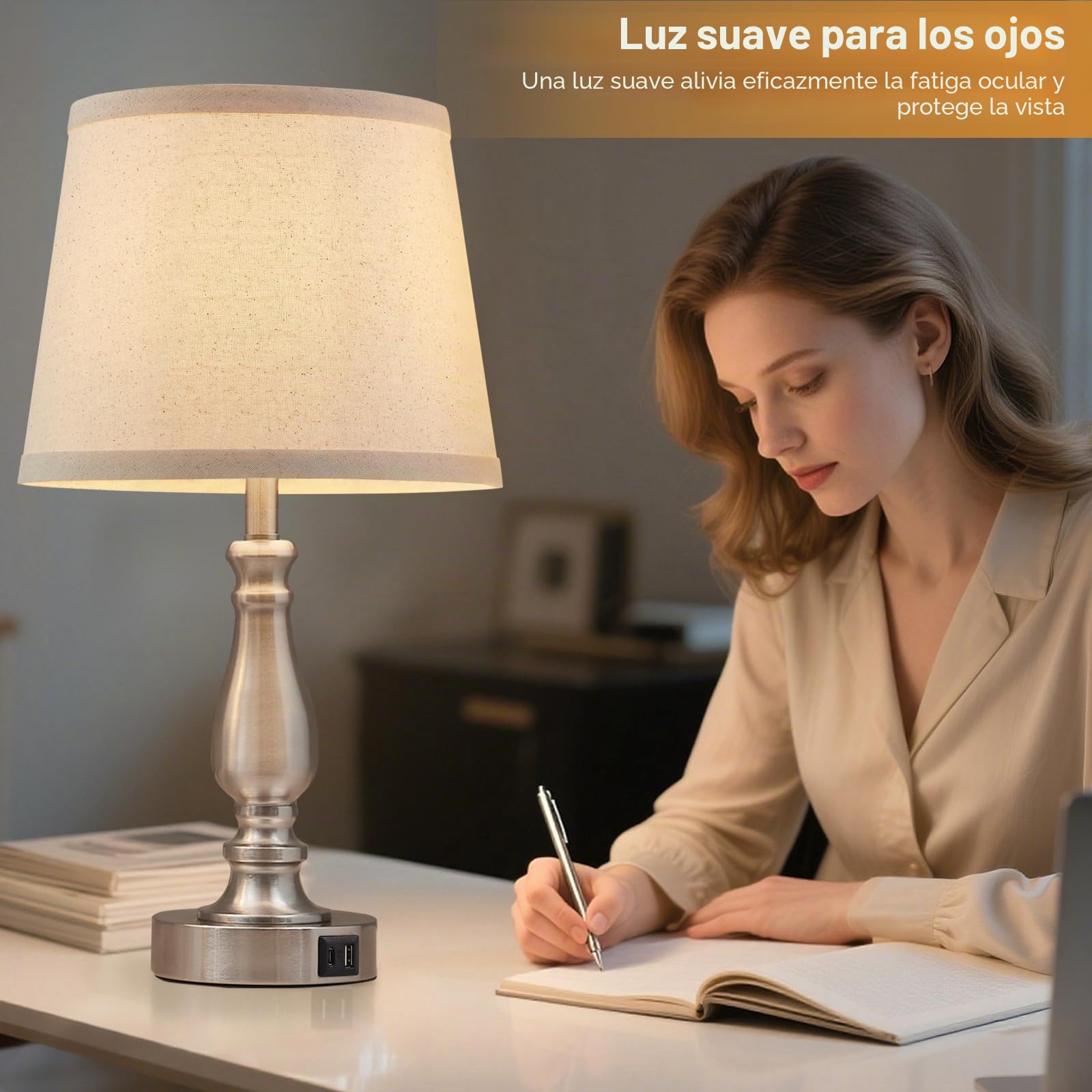GyroVu Lámpara de Mesa Juego de 2, lámparas de mesita de noche táctiles con puertos USB C+A, lámparas de mesita de noche regulables en 3 intensidades para mesitas auxiliares, mesitas de noche