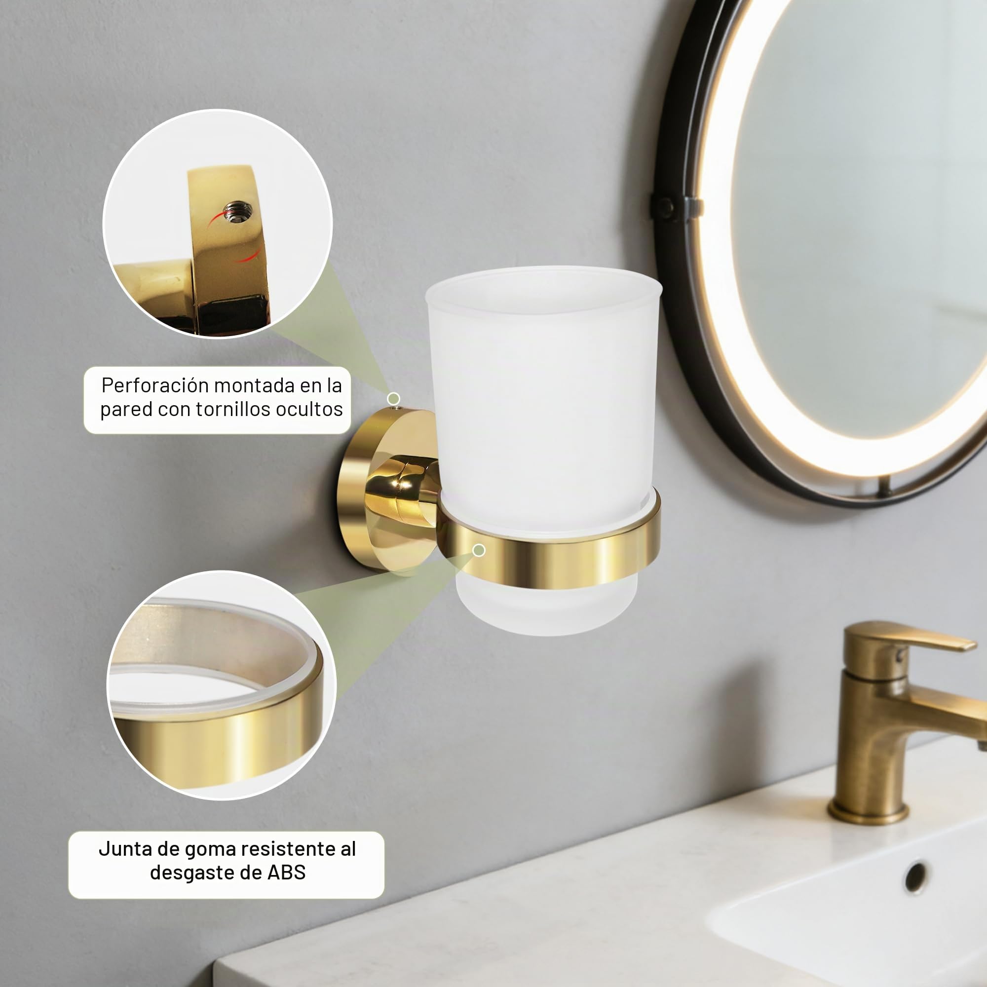 Soporte para Cepillo de Dientes de Pared con Vaso de Vidrio Esmerilado de Acero Inoxidable (un Solo Dorado)