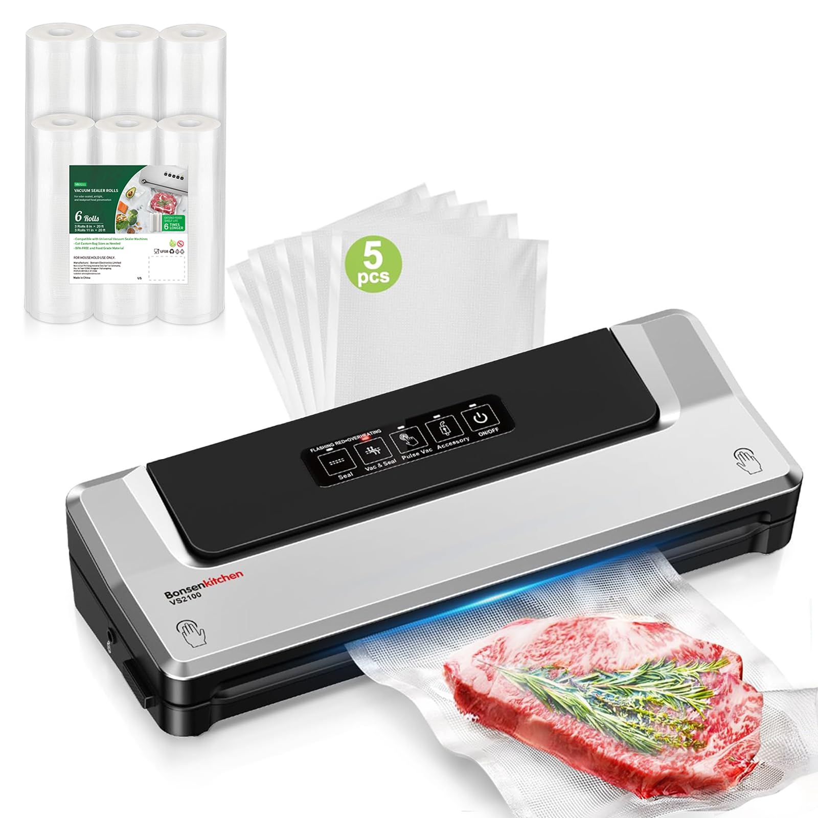 Bonsenkitchen Profi Vakuumier-Set Silber Vakuumiergerät + 6 Vakuumrollen BPA-frei, inkl. 5 Starter-Beuteln, Schlauch & 2 Pumpanschlüsse