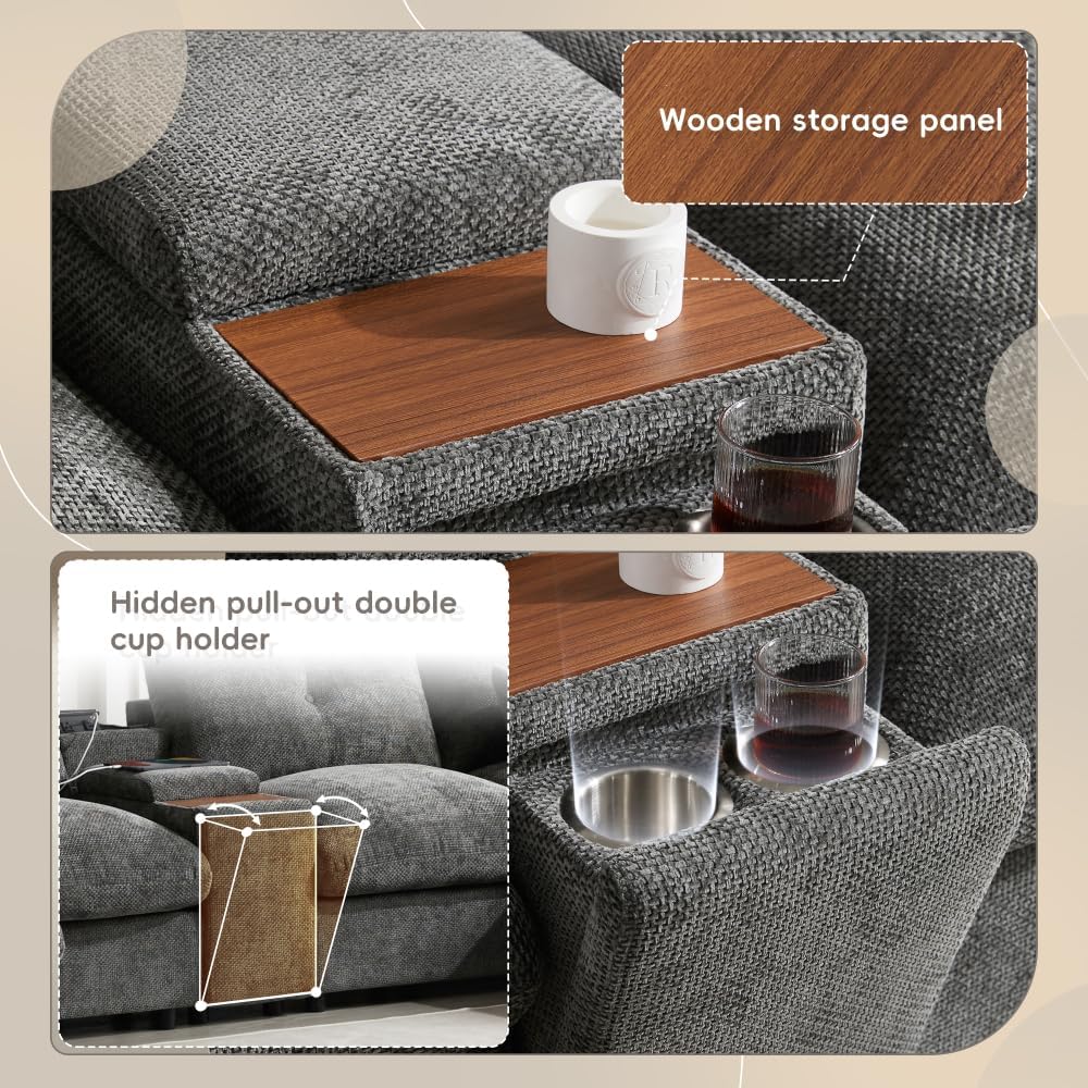 142" Modular Sectional Sofa with Movable Storage Ottoman Console Cup Holder Wide Seat 6 Seat U Shaped Couch Oversized Chenille Sofa with USB Charger for Living Room Apartment