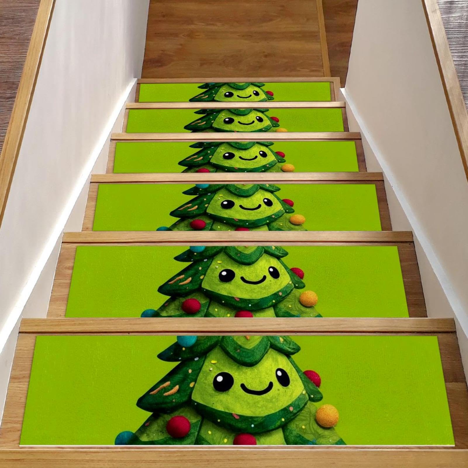 CHENZZZZ Cartoon Christmas Tree (3) Carpet Stair Treads for Wooden Steps Indoor, 15 Pack Slip Resistant Stair Rug Staircase Step Treads Pads for Pet, Kids and Elderly