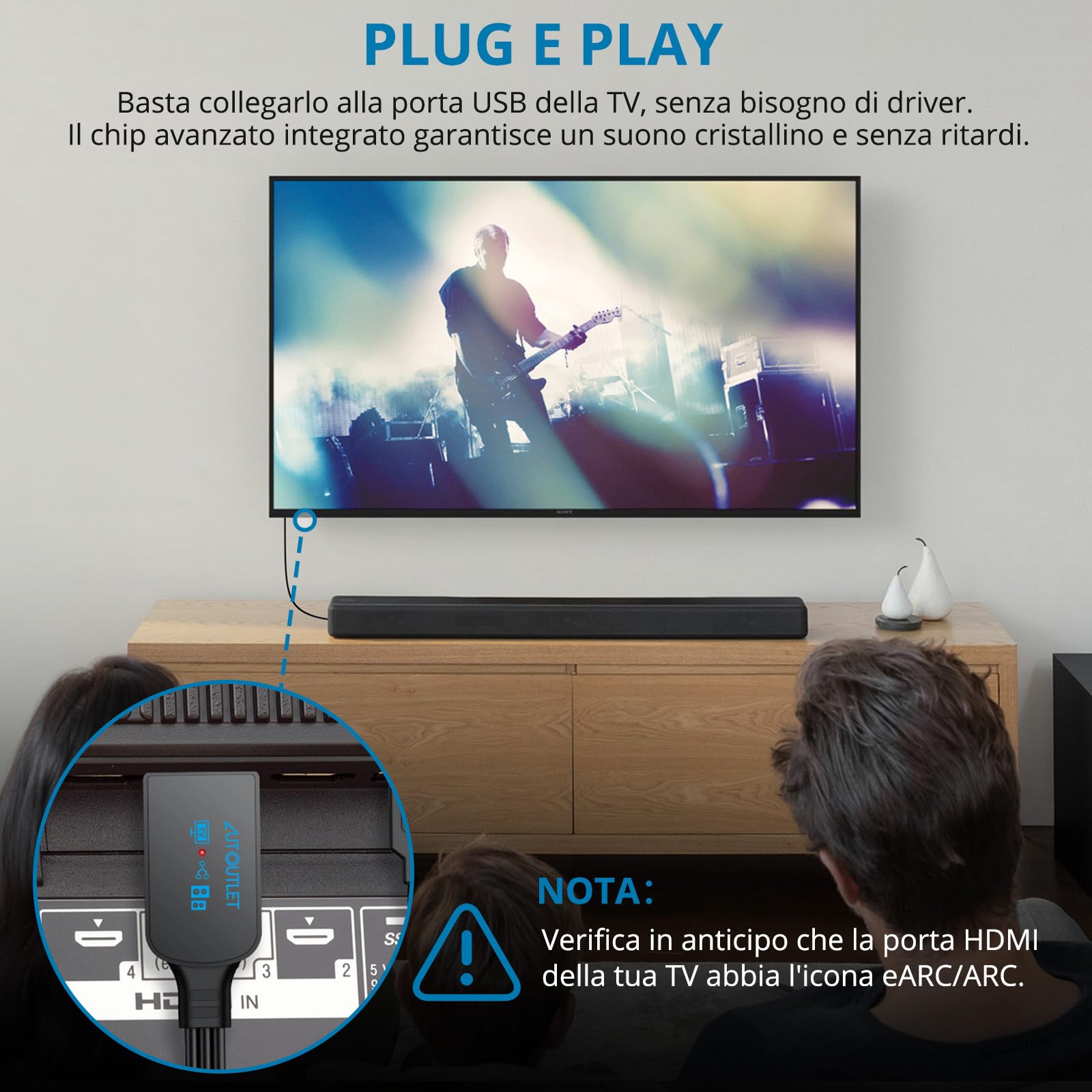 AUTOUTLET Convertitore Audio HDMI eARC/ARC a RCA 192KHz/24bit Supporta CEC PCM 2.0 Cavo 150 cm