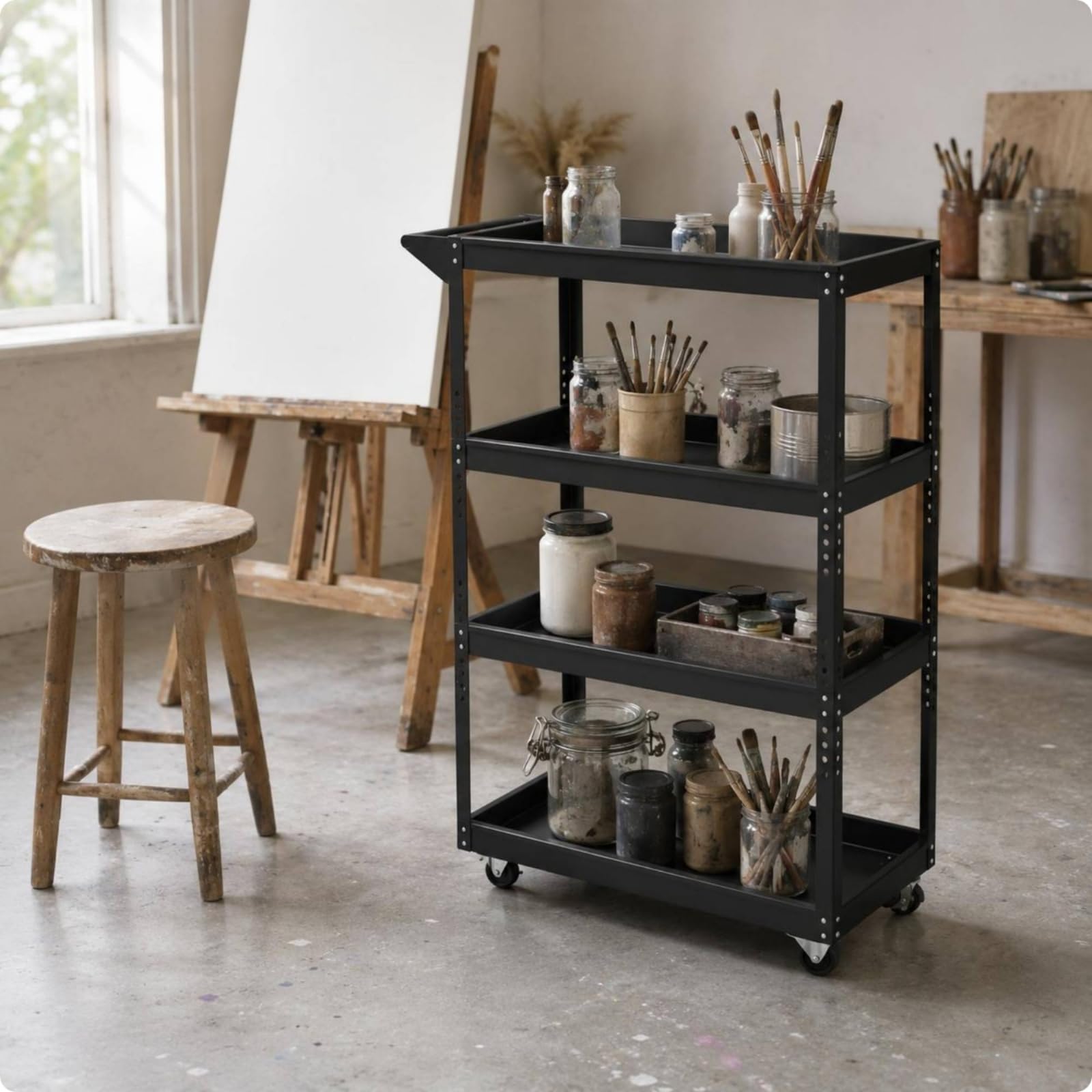 Art Material Cart Rollwagen Aufbewahrungswagen Regalwagen Etagenwagen mit Vier Ablageflächen Und Rand Stabiles Metall mit Offener Konstruktion Bewegt Sich Sanft für Werkstatt Lager Haushalt