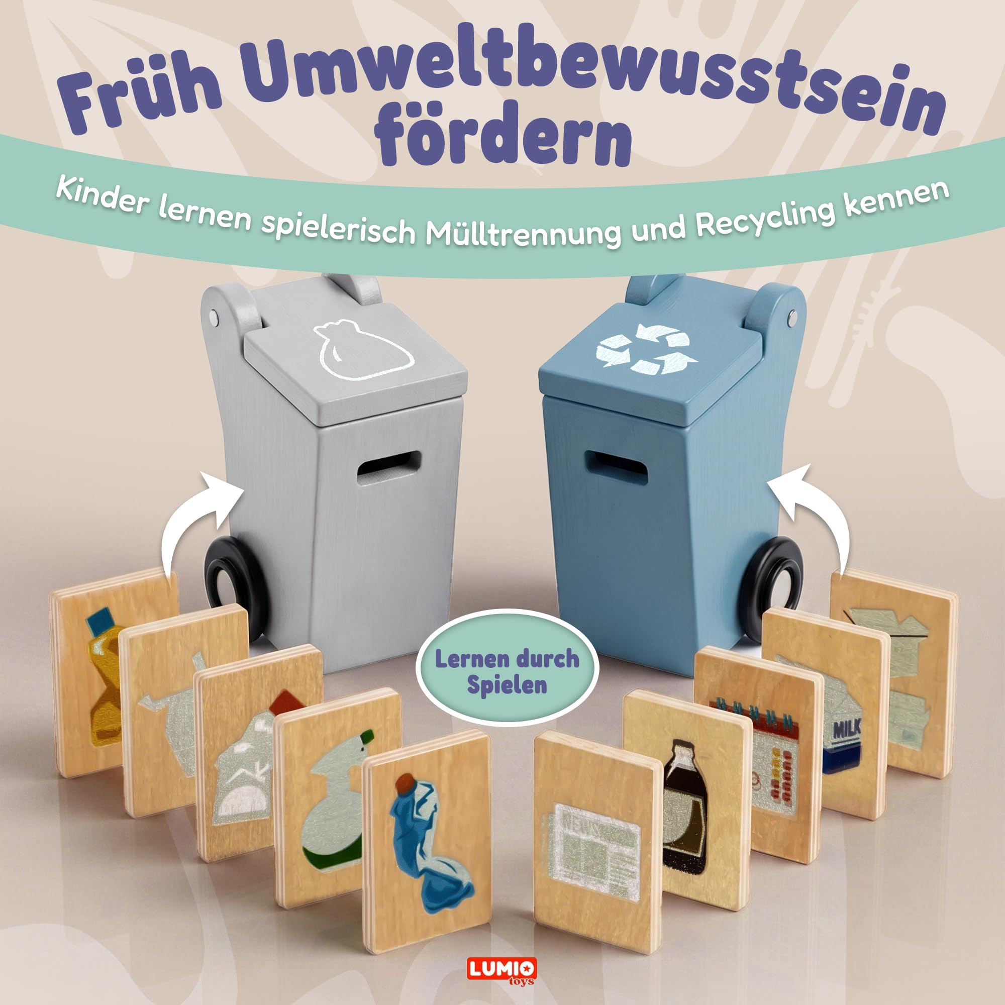 Montessori Müllauto Holz ab 3 Jahren – Müllwagen Lernspielzeug – Müllabfuhr Set mit Mülltonnen & Karten zur Mülltrennung – Motorikspielzeug & Geschenk für Junge & Mädchen 3 4 5 Jahre