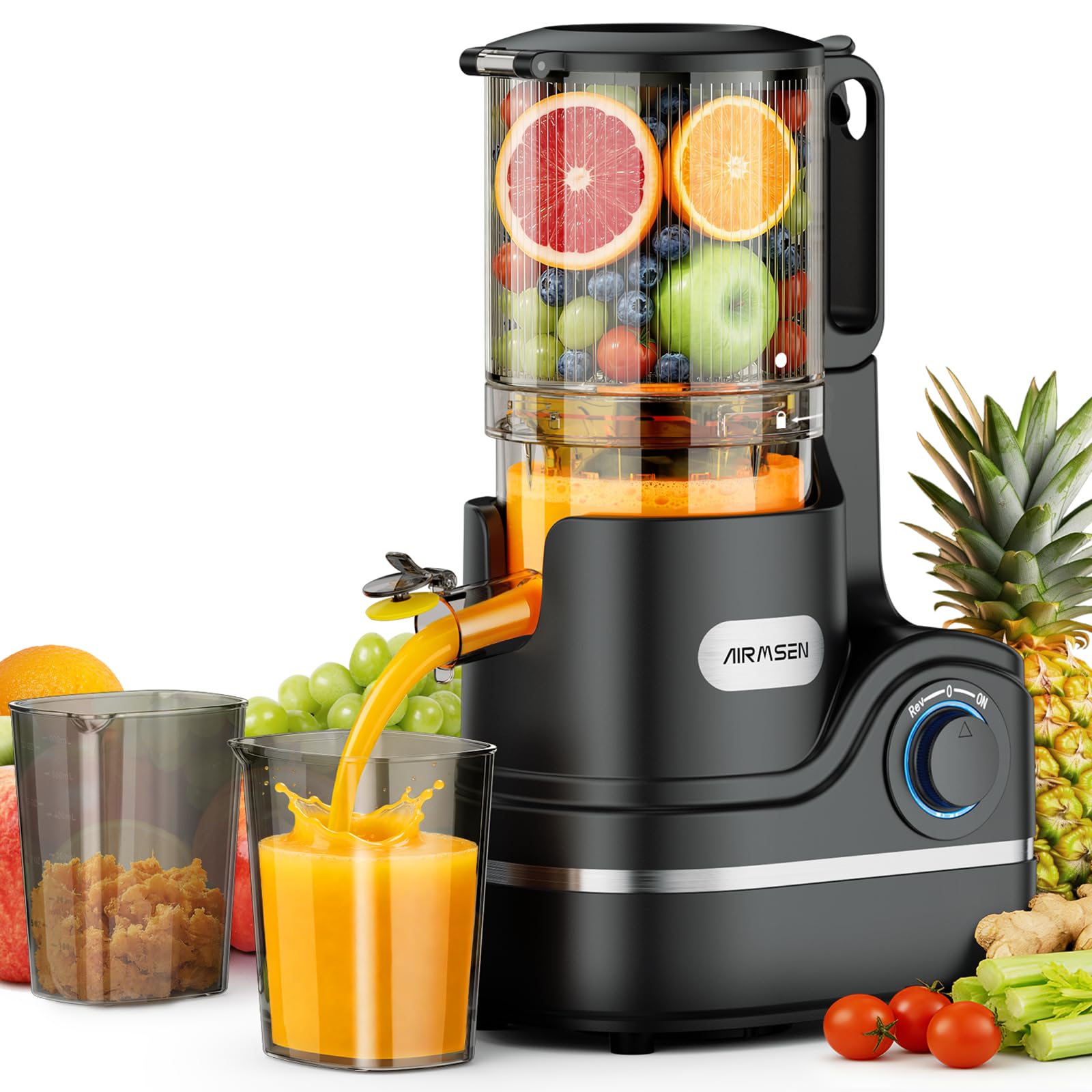 AIRMSEN Extracteur de Jus à Froid Avec Goulotte Extra Large de 147 Mm, Capacité de 2,1 L, Extracteur de Jus pour Fruits et Légumes, Moteur de 300 W, Extraction à Spirale Lente 7+1, Noire
