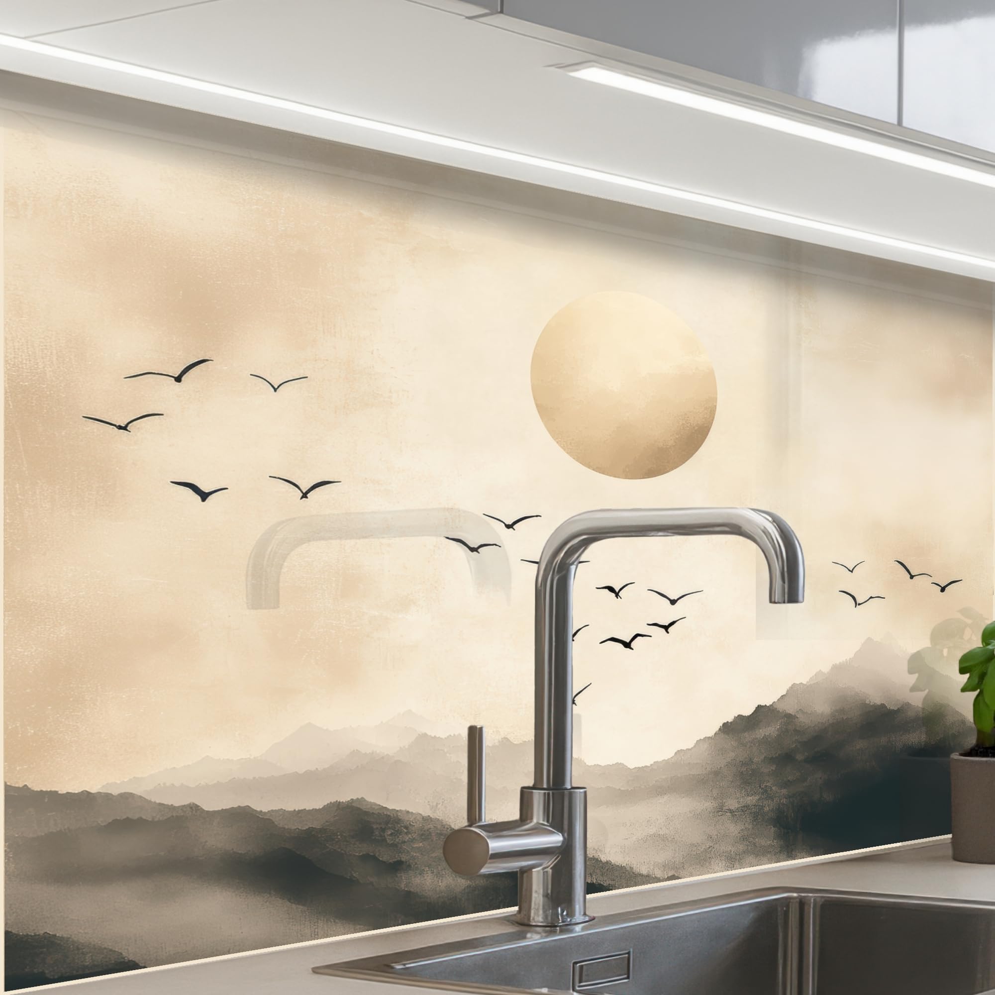 KitchenYeah© Splashback for kitchen 24"x32" / 60x80 cm self-adhesive Sink Splash Splatter Guard Splashbacks Walls Landscape - Japandi - bird