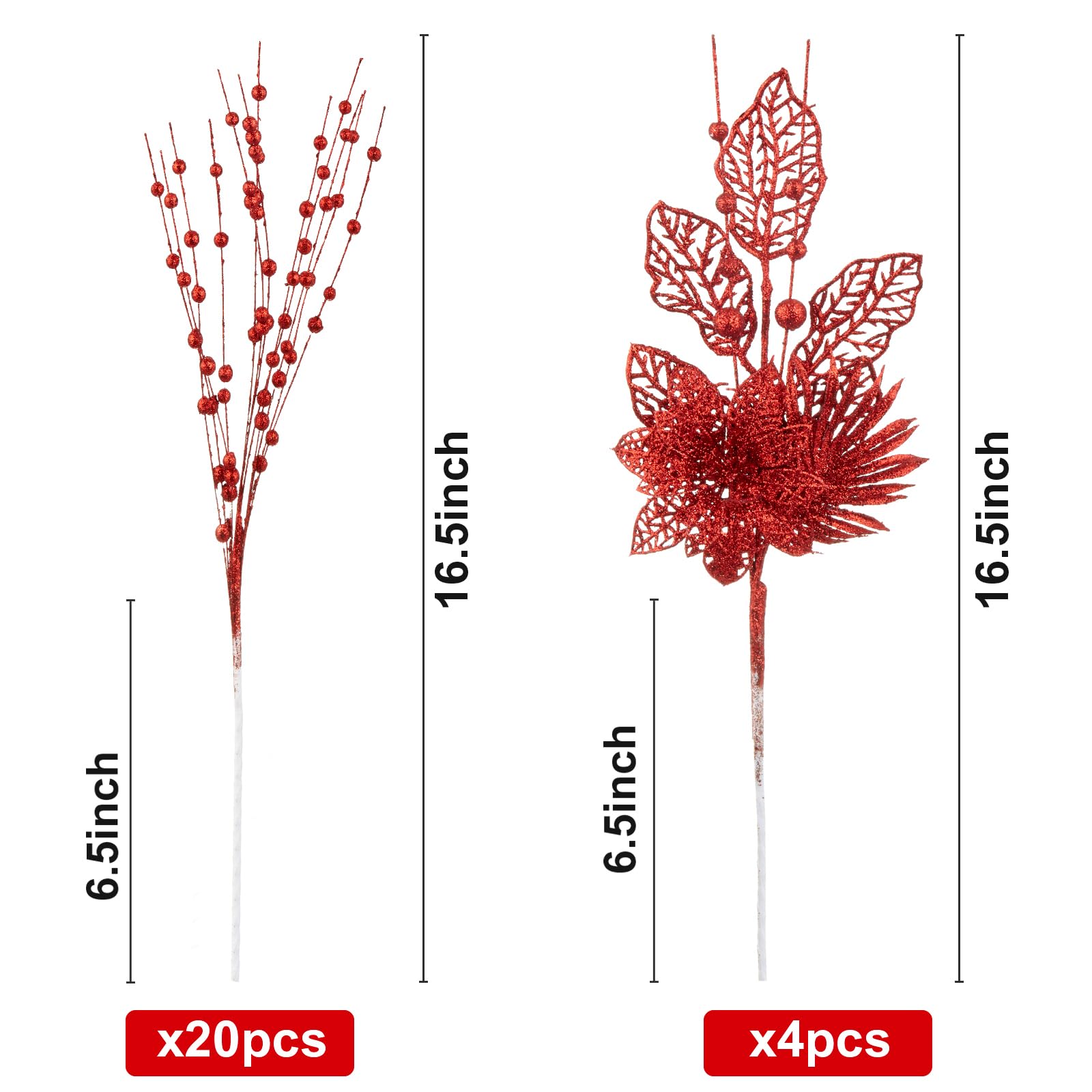Paquete de 24 adornos para árbol de Navidad, flores artificiales con purpurina, tallos de bayas de Navidad, ramas para decoración de árbol de Navidad, relleno de jarrón, vacaciones, boda, fiesta,