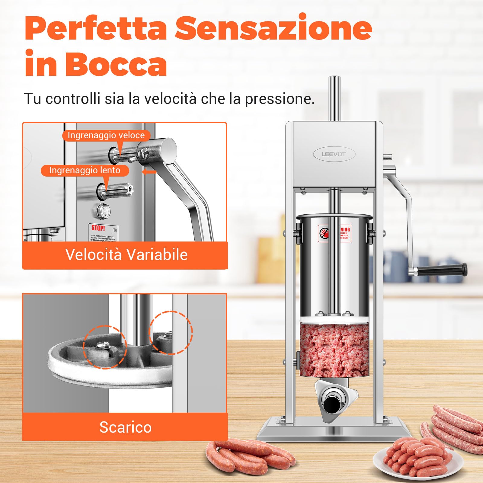 LEEVOT Insaccatrice per Salsicce 15Lb/7L, in Acciaio Inossidabile 304, Regolabile, 2 Velocità, 4 Tubi di Riempimento (Argento)