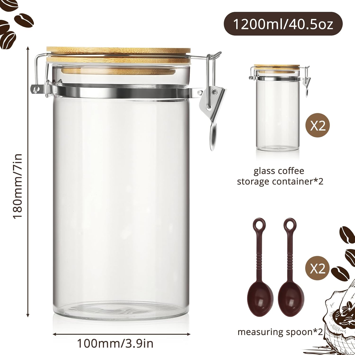 VZZNN 2 Pack 40.5oz Coffee Bean Storage Container with Airtight Bamboo Lids Glass Airtight Coffee Canister with Scoop Storage Container for Grounds Tea Cereal Sugar