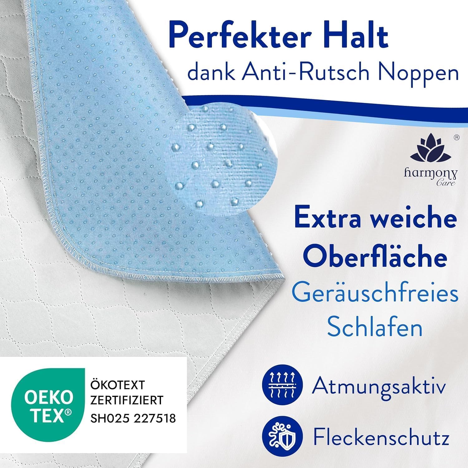 Harmony Care® Inkontinenzunterlage waschbar 90x160 cm [mit Anti-Rutsch-Noppen] - 2X rutschfeste Inkontinenzauflage - atmungsaktive Inkontinenz Bettunterlage