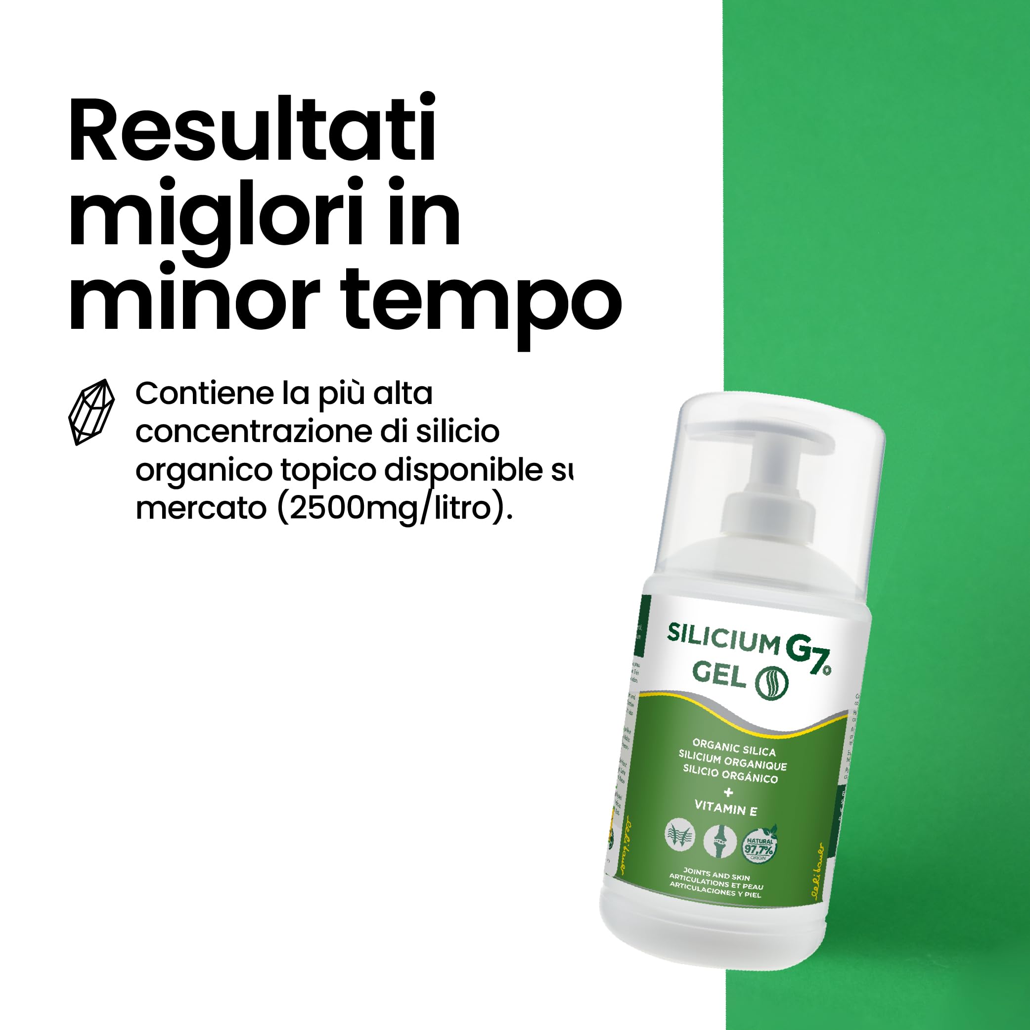 Silicium G7 Gel Corpo, Alta Concentrazione di Silicio, Sollievo per Articolazioni e Muscoli, Assorbimento Rapido, Uso Quotidiano, Texture Leggera, Senza Parabeni, Formato Topico. 500ml