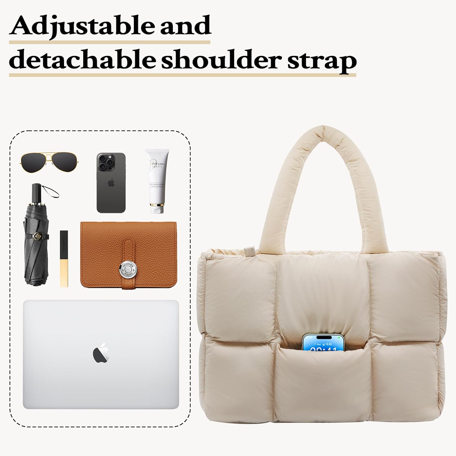 NAARIIAN Puffer Tote Bag for Women, Lightweight Quilted Puffy Shoulder Handbag with Adjustable Shoulder Strap - Image 4