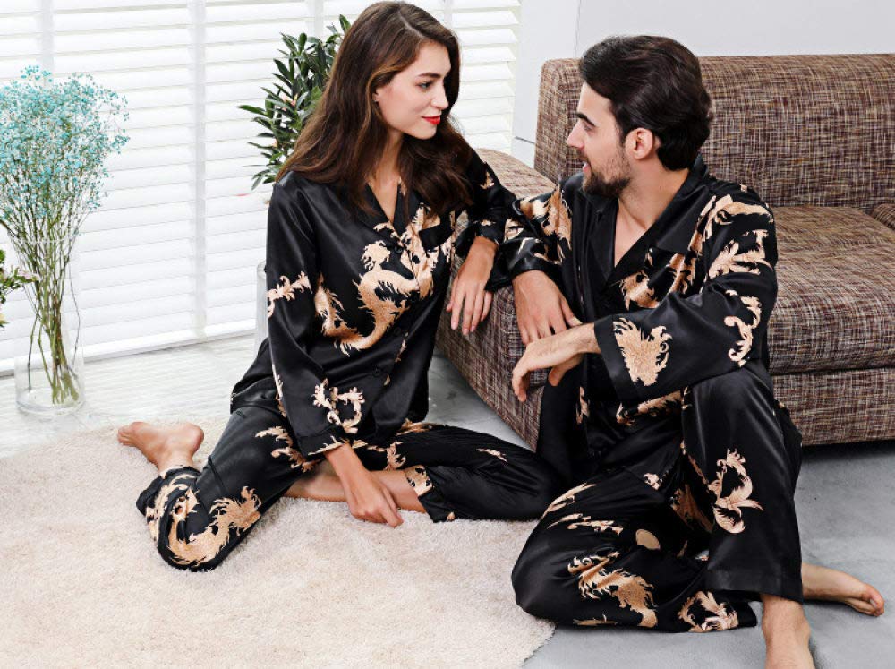 Pyjama Satin Femme,Ensemble De Pyjamas En Satin De Soie Pour Femmes 2Pcs Pantalons À Manches Longues De Style Chinois Nouvel An Dragon Print Vêtements De Nuit Pour Hommes Pyjamas Pour Couples (Noir