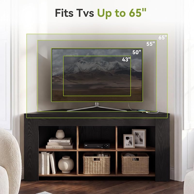 LITTLE TREE 59” Corner TV Stand, Media Console Table for up to 65 Inch TVs image 4