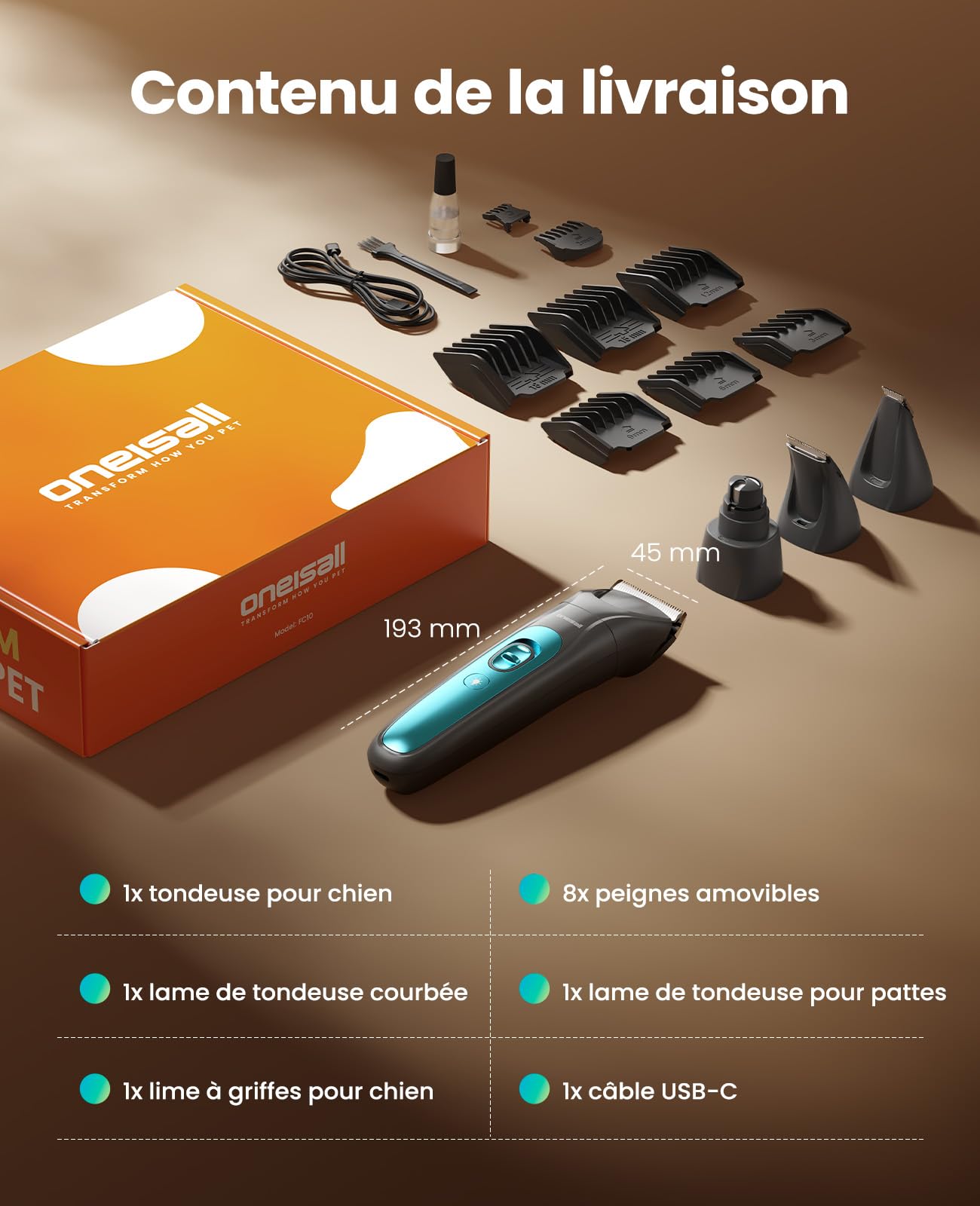 oneisall 4-en-1 Tondeuse pour Chien Professionnelle Sans Fil pour Animaux, Tondeuse à Poil Long Epais avec Lumière LED, Toilettage Rechargeable 2000mAh, Rasoir pour Chien et Pattes (Bleu)